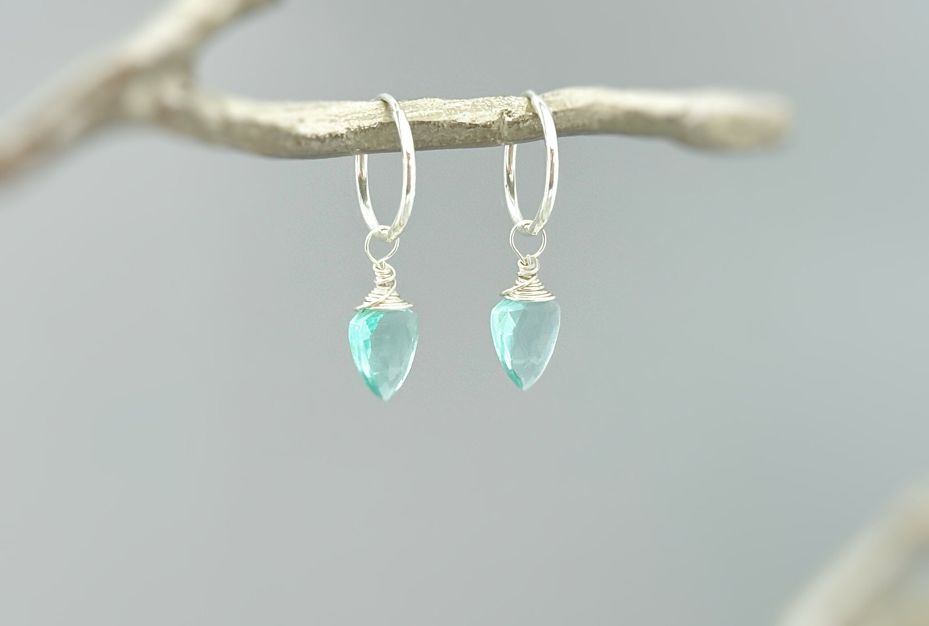 Aquamarine Earrings Dangle Huggie Hoops Sterling Silver, Rose Gold, 14k Gold Fill Handmade dainty raw gemstone crystal jewelry for mom