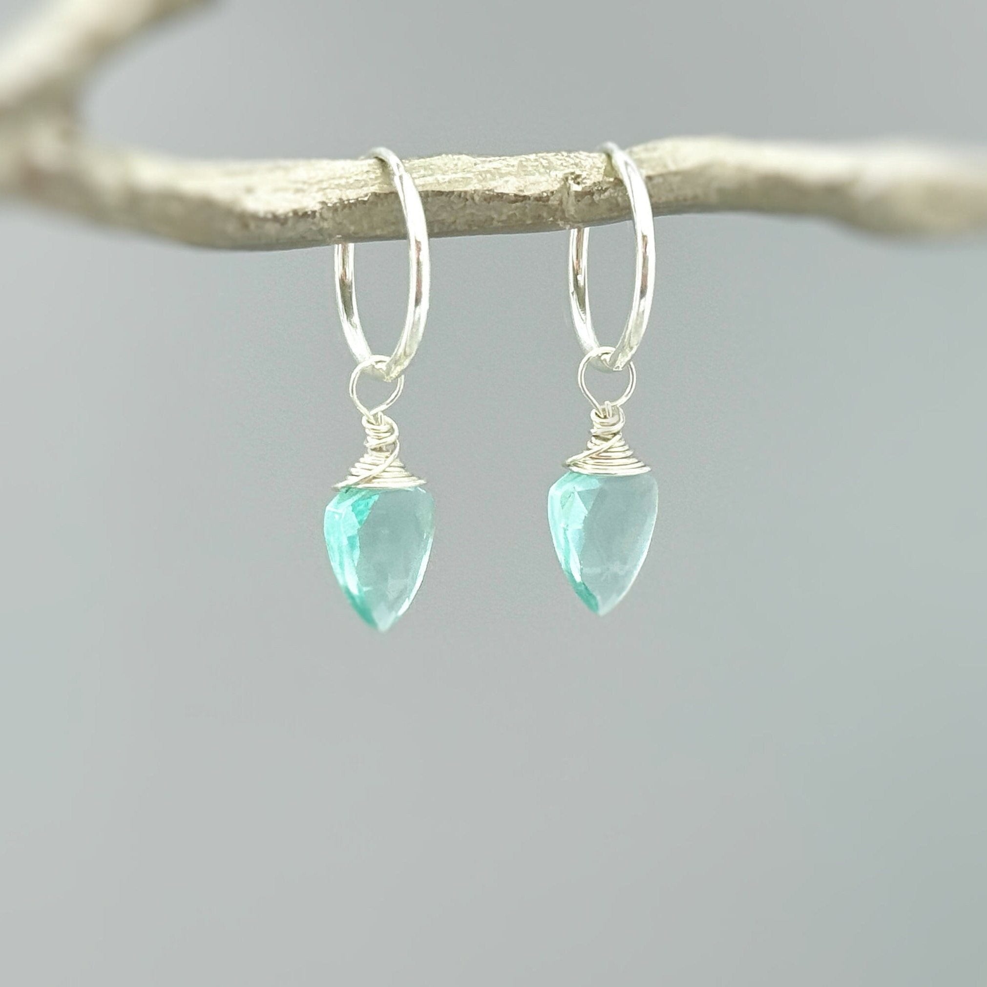 Aquamarine Earrings Dangle Huggie Hoops Sterling Silver, Rose Gold, 14k Gold Fill Handmade dainty raw gemstone crystal jewelry for mom