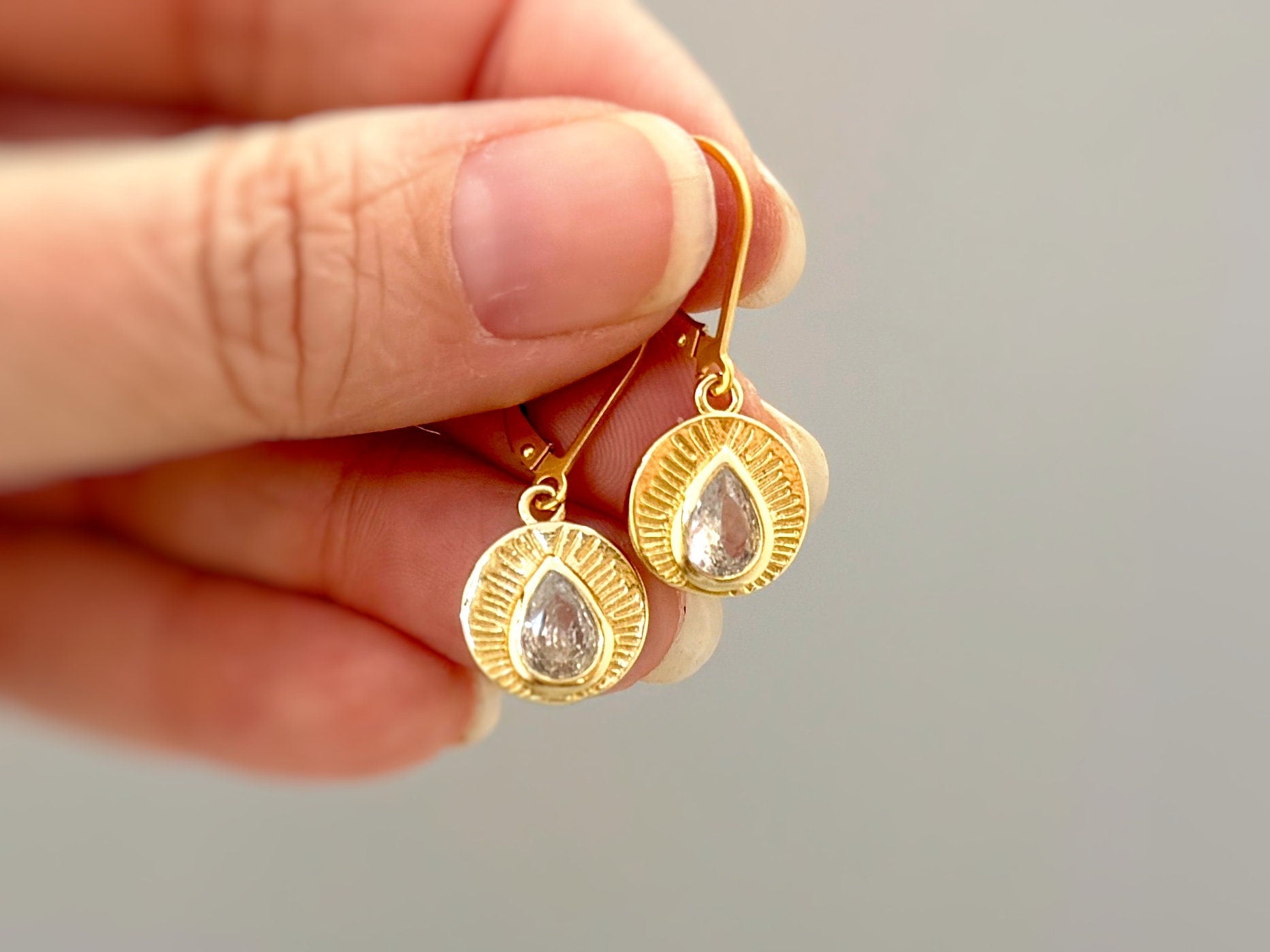 Gold Crystal Earrings dangle drop leverback boho handmade jewelry sunburst sparkly earrings gift for her, wife, mom, woman