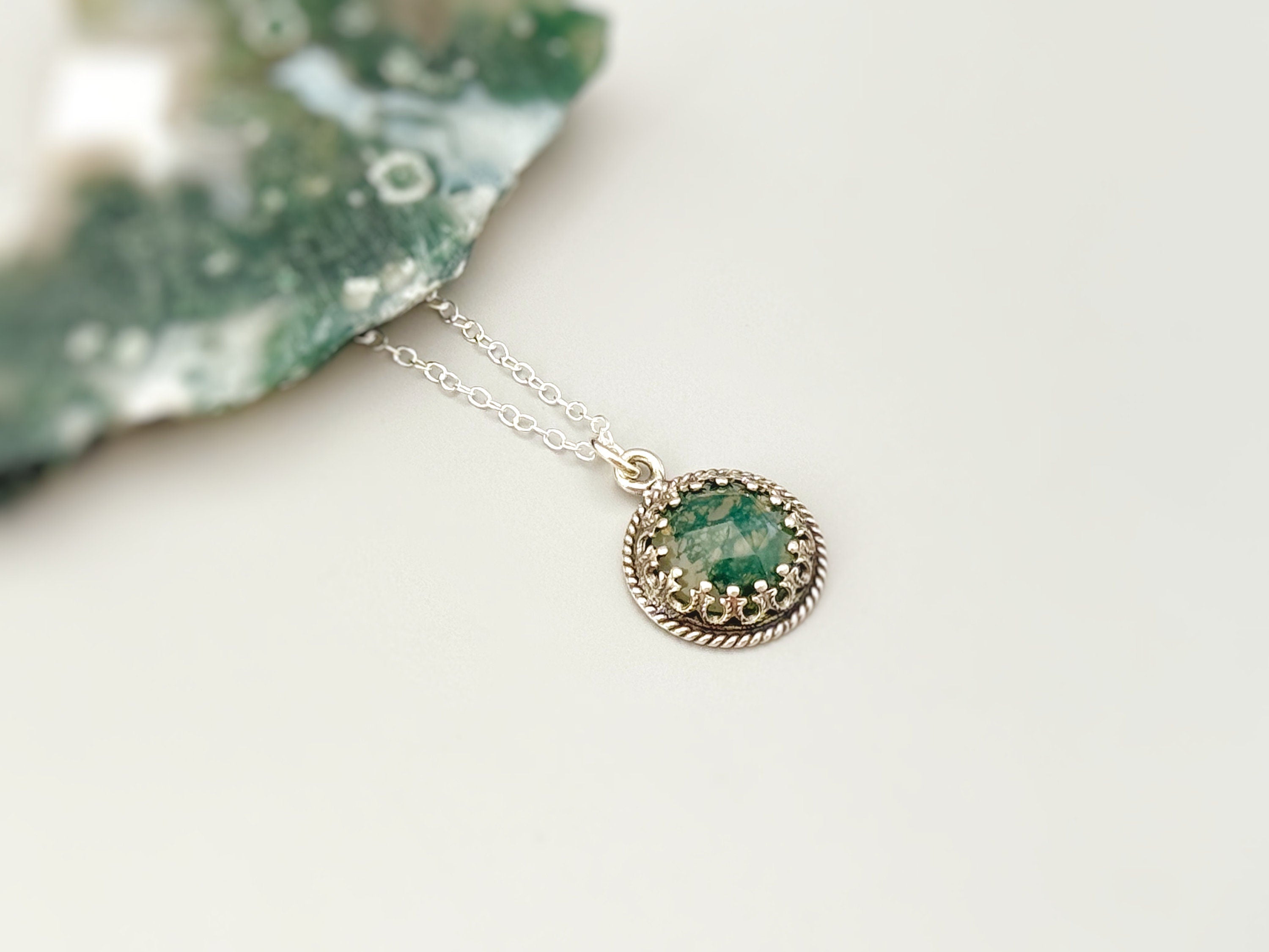 Moss Agate Pendant Necklace for women Sterling Silver handmade crystal jewelry simple boho layering necklace gift for sister, friend, wife