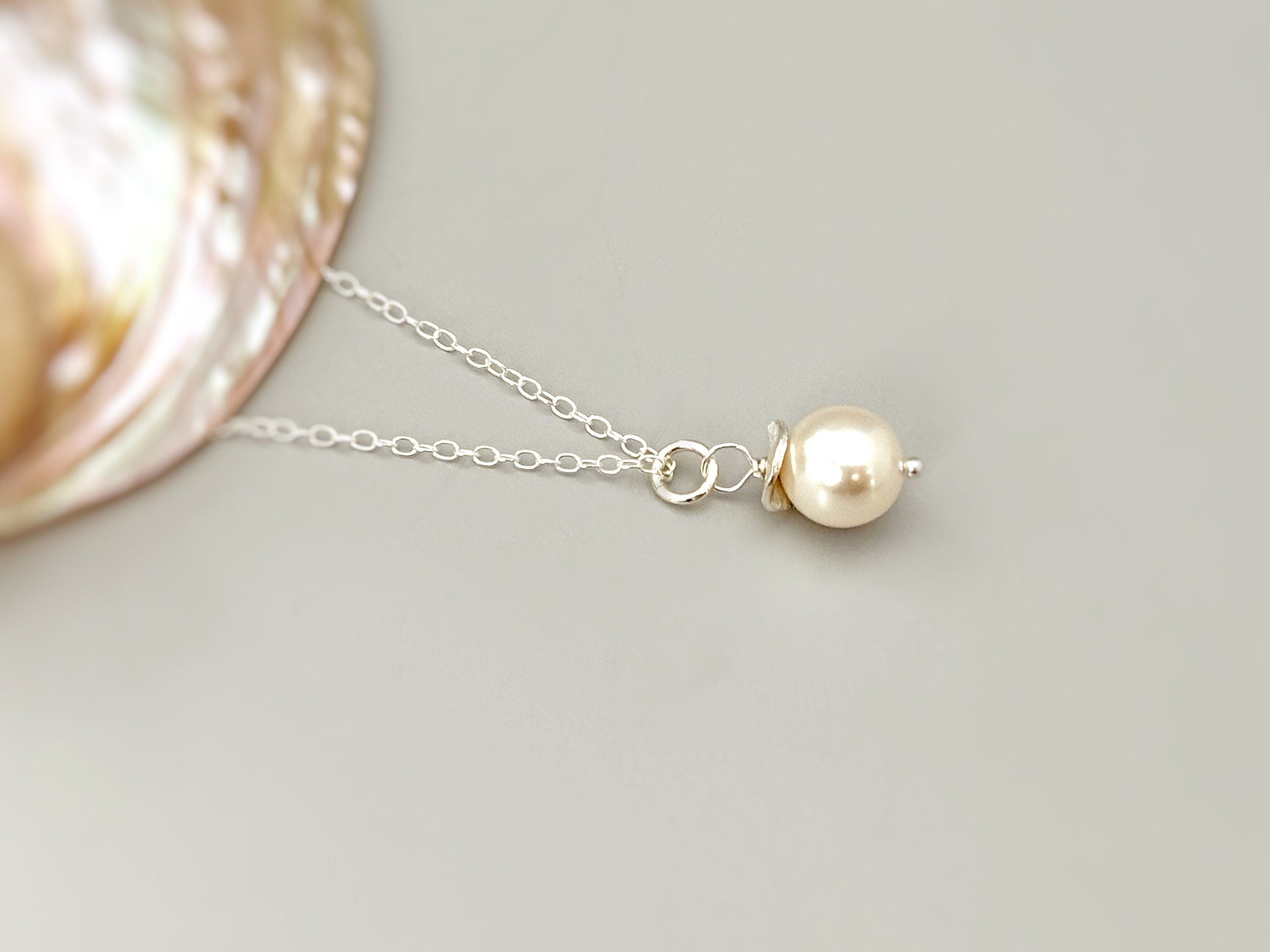 Dainty Single Pearl Necklace Sterling Silver handmade pearl pendant June birthstone jewelry layering necklace for women gift for mom wife