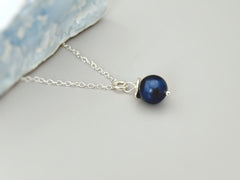 Dainty Blue Pearl Necklace Sterling Silver handmade single pearl pendant June birthstone jewelry necklace for women gift for mom, wife