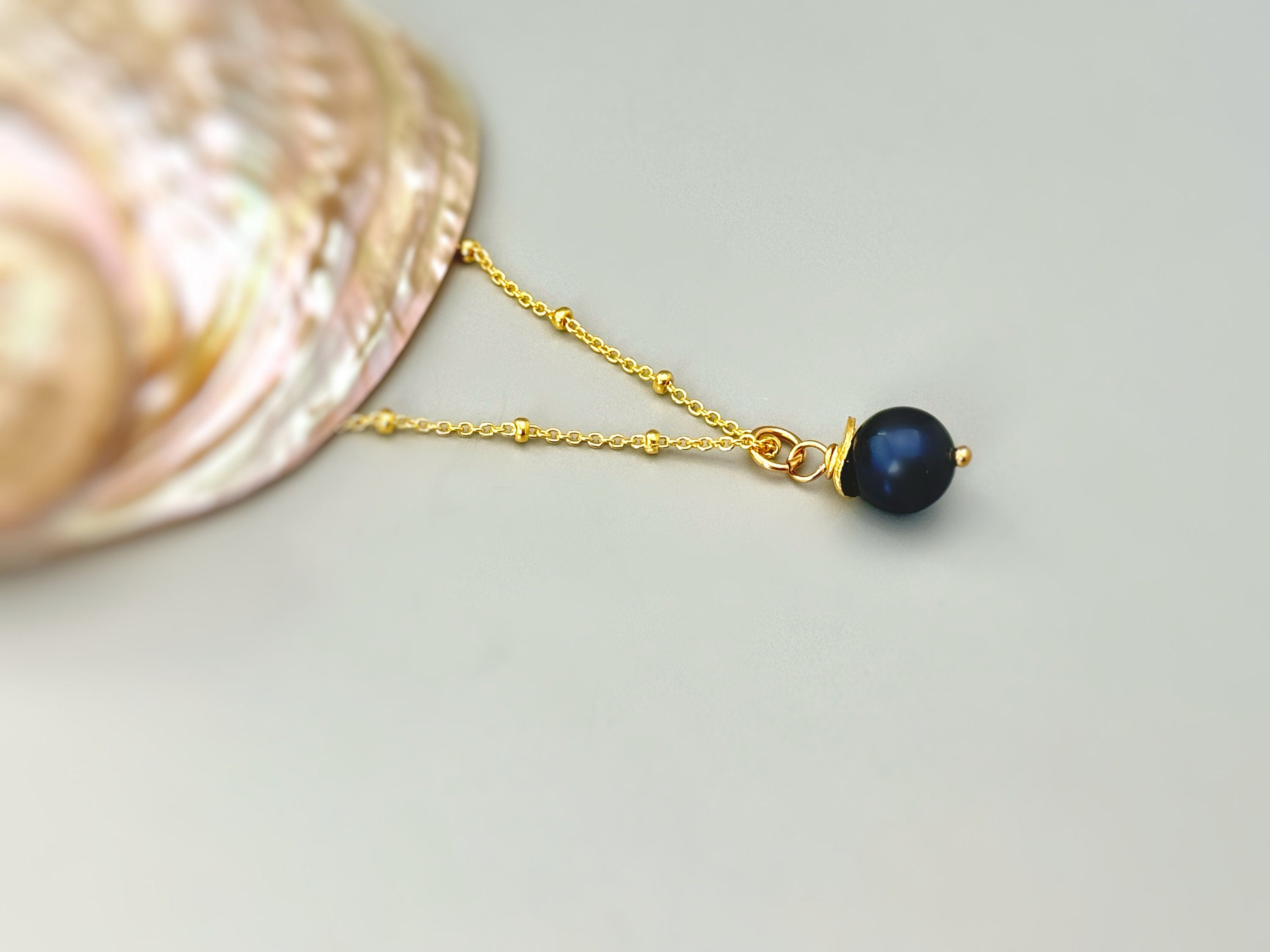 Dainty Blue Pearl Necklace Gold handmade single pearl pendant June birthstone jewelry necklace for women gift for mom, wife