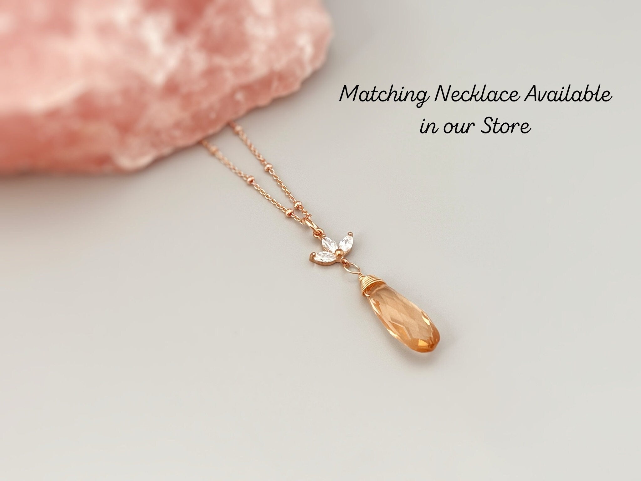 Morganite Rose Gold Earrings dangle pink, peach, champagne quartz