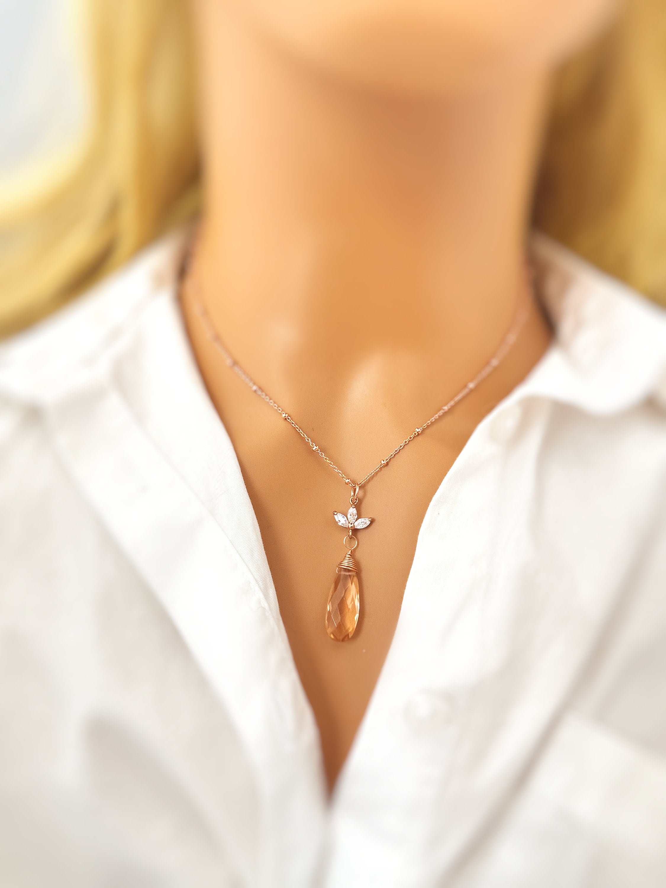 Morganite Necklace Rose Gold Handmade gemstone pendant Sterling Silver, Gold blush peach quartz Jewelry angel Crystal necklace for women