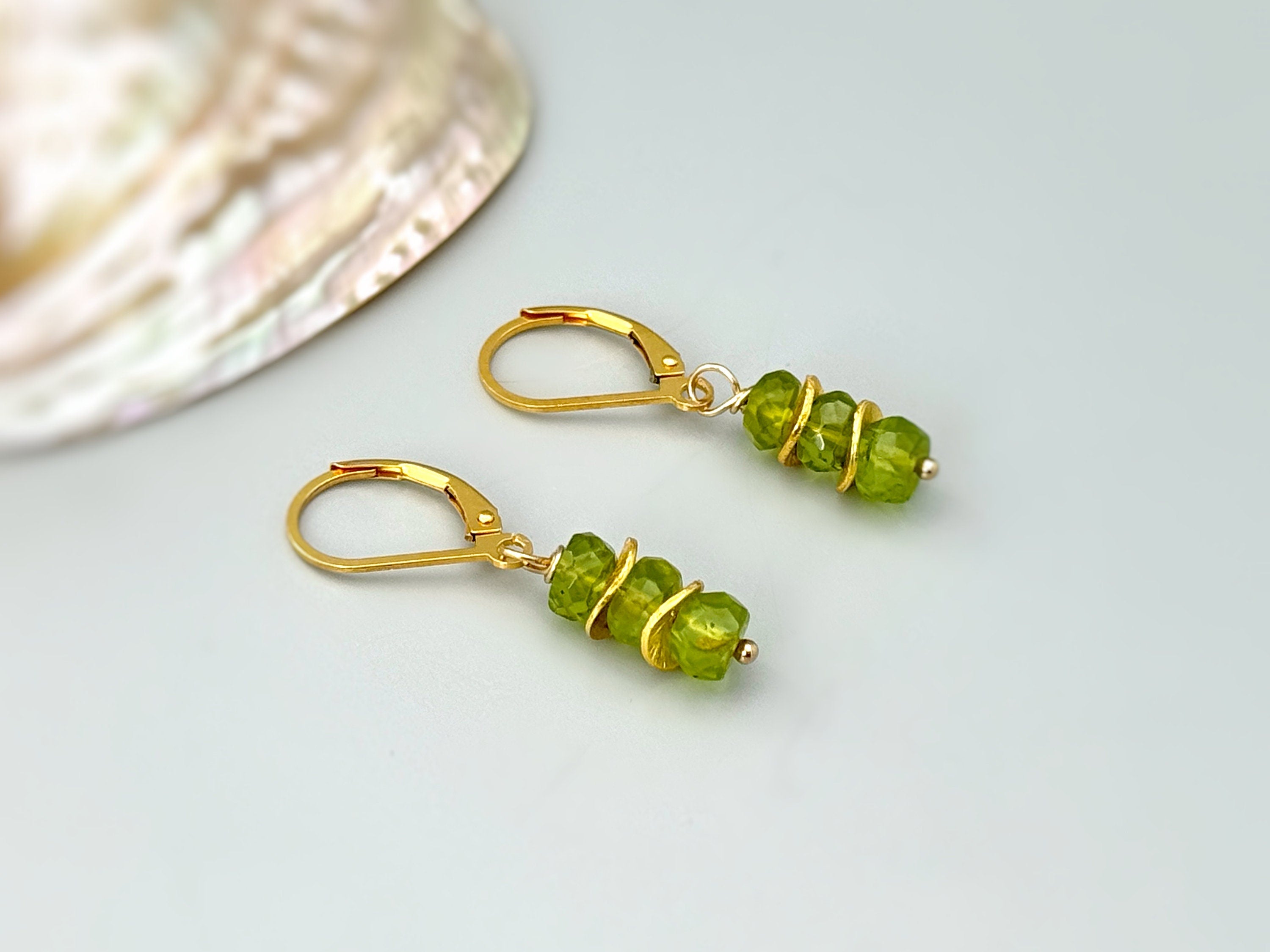 Peridot Earrings dangle, drop sterling silver, 14k gold, rose gold dangly green gemstone lightweight everyday jewelry for women Birthstone