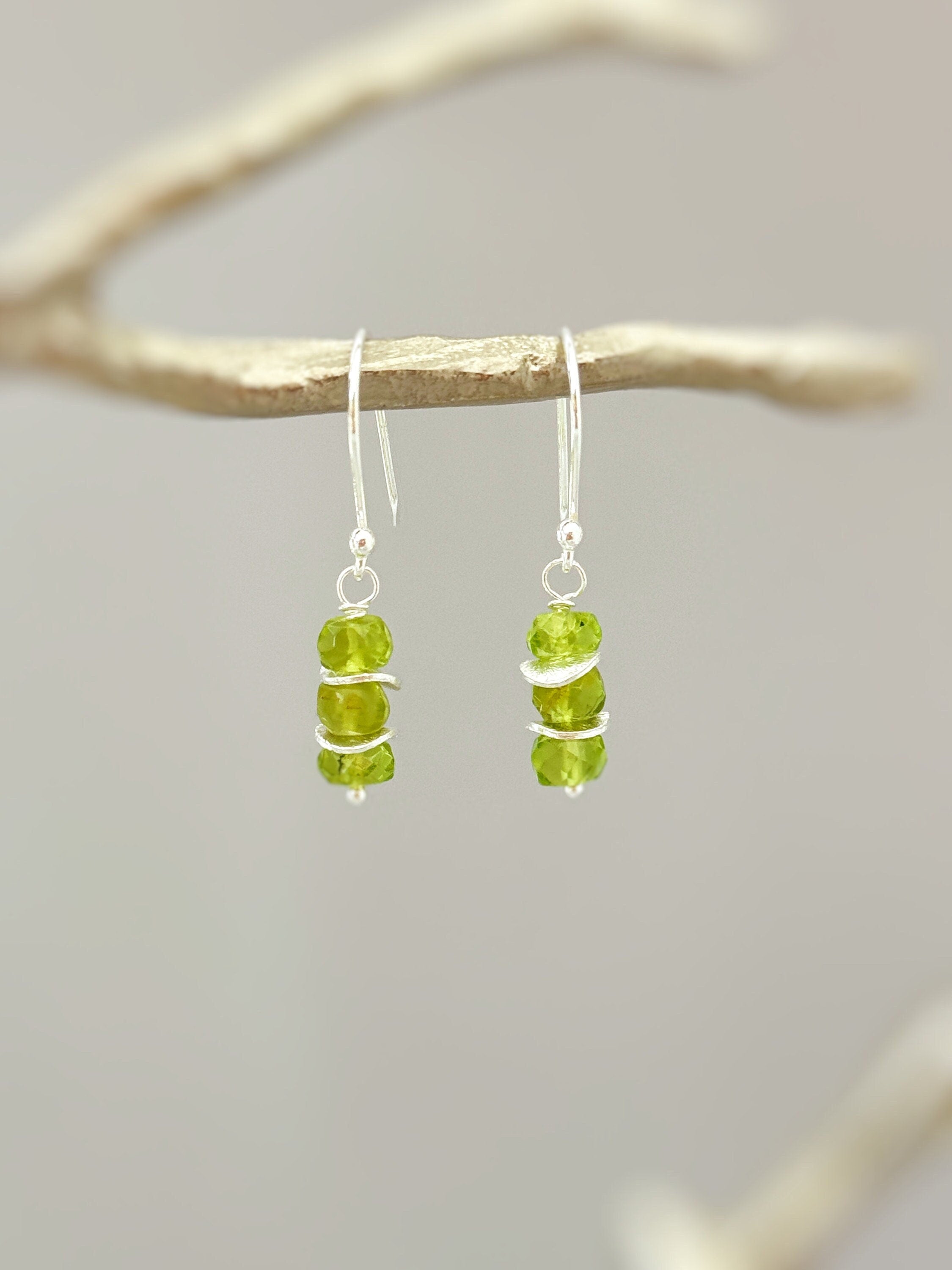 Peridot Earrings dangle, drop 14k gold, sterling silver, rose gold dangly green gemstone lightweight everyday jewelry for women Birthstone