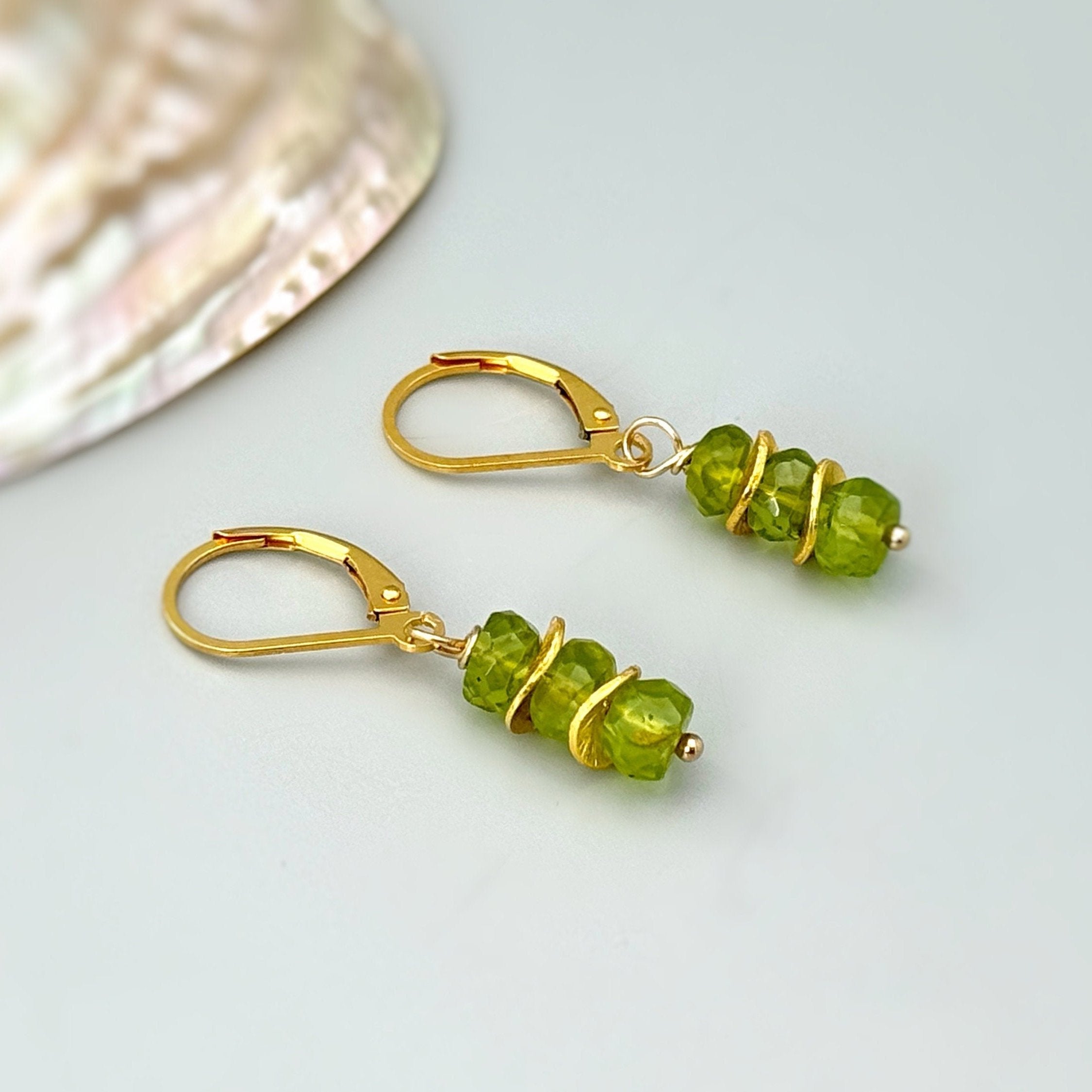 Peridot Earrings dangle, drop 14k gold, sterling silver, rose gold dangly green gemstone lightweight everyday jewelry for women Birthstone