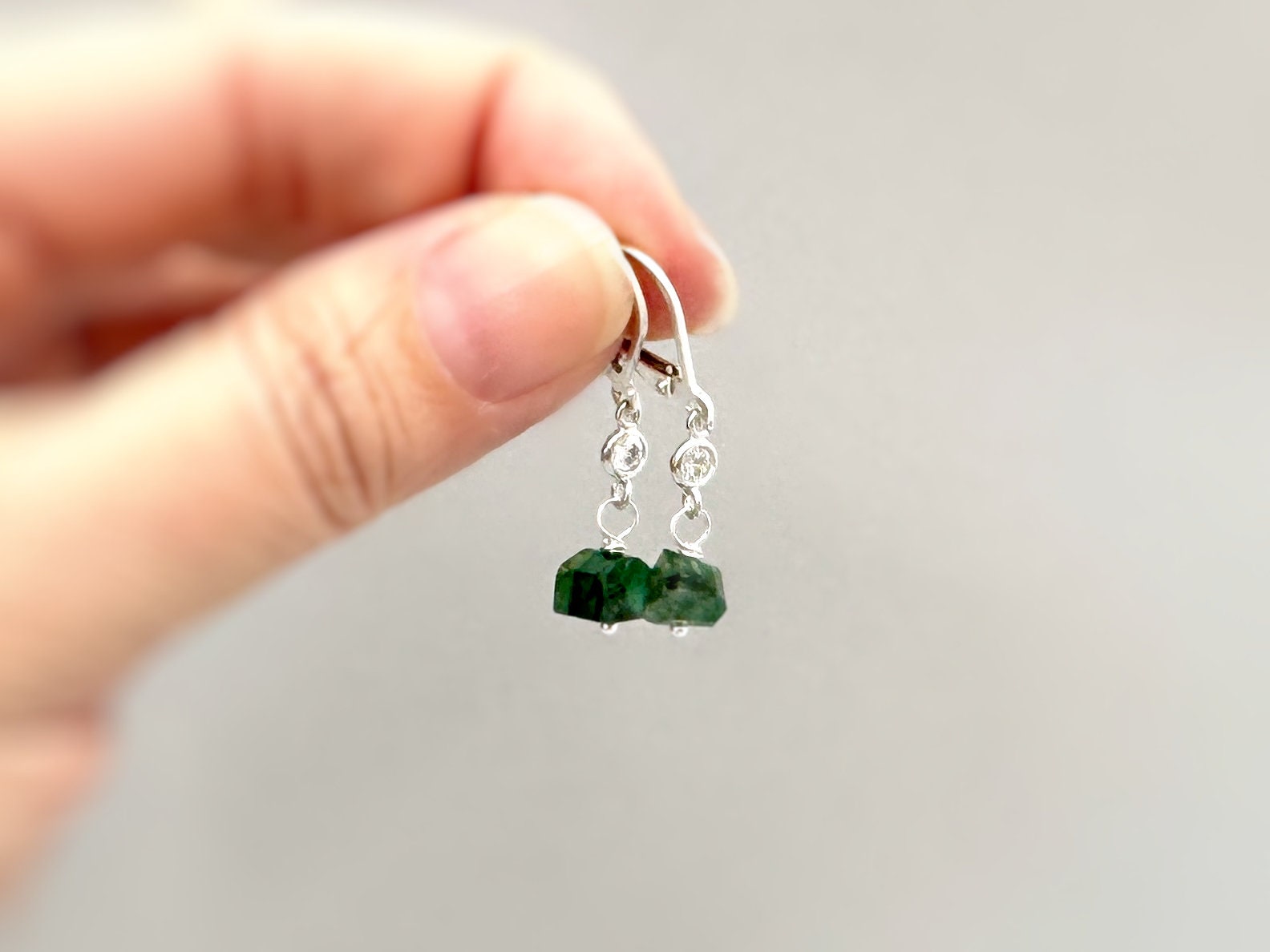 Raw Emerald Earrings Dangly Gold Fill, Sterling Silver dainty gemstone crystal earrings May Birthstone Handmade jewelry gift for woman