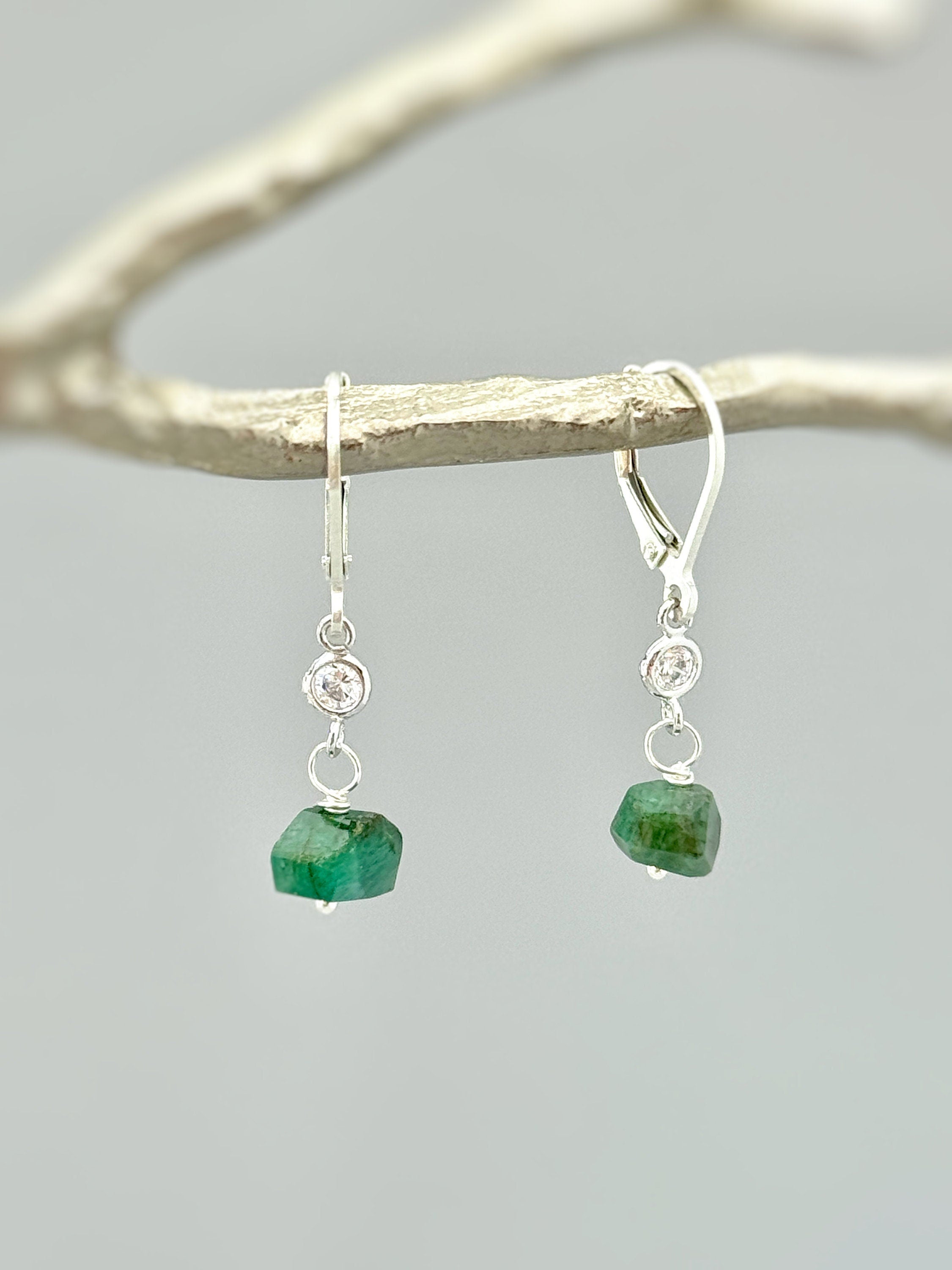 Raw Emerald Earrings Dangly Gold Fill, Sterling Silver dainty gemstone crystal earrings May Birthstone Handmade jewelry gift for woman