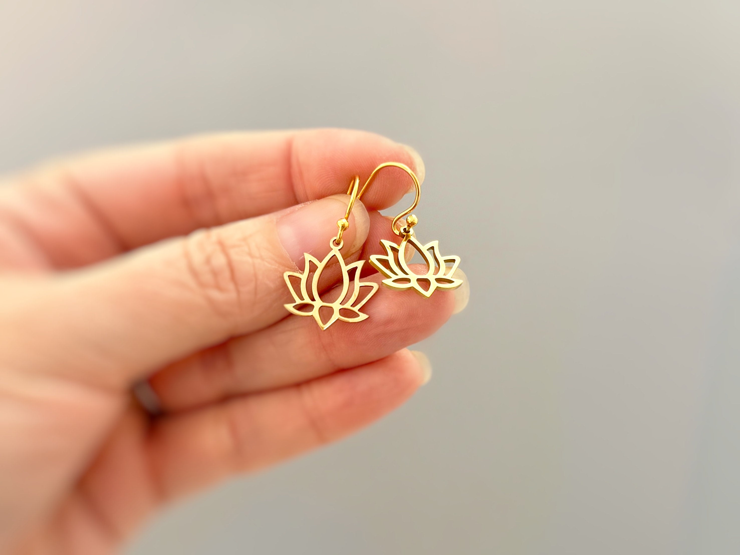 Gold Lotus Flower Earrings dangle drop boho lily handmade floral jewelry for summer July Birth Month flower nature jewelry gift