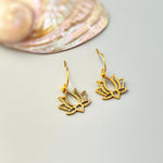 Gold Lotus Flower Earrings dangle drop boho lily handmade floral jewelry for summer July Birth Month flower nature jewelry gift