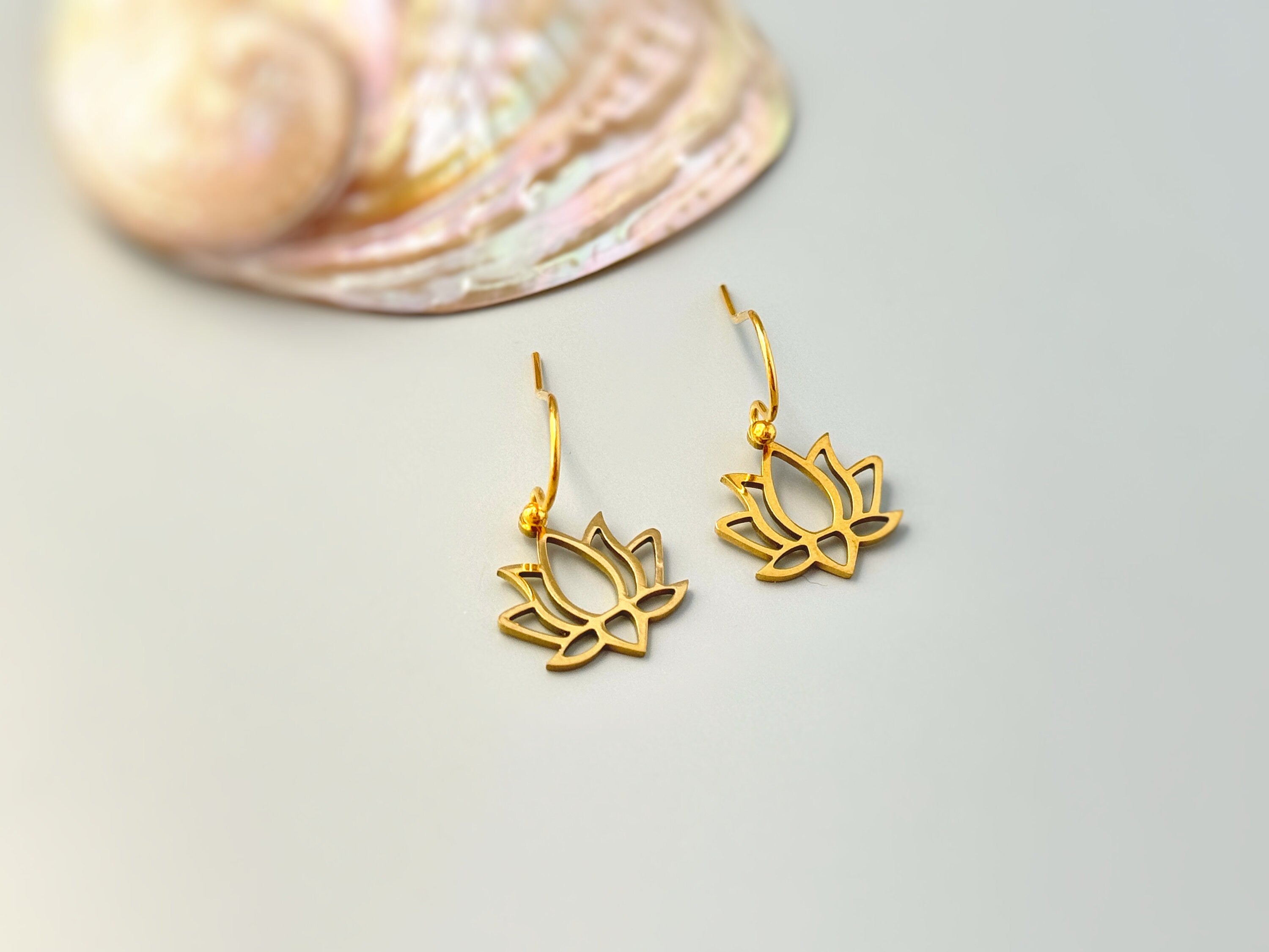 Gold Lotus Flower Earrings dangle drop boho lily handmade floral jewelry for summer July Birth Month flower nature jewelry gift