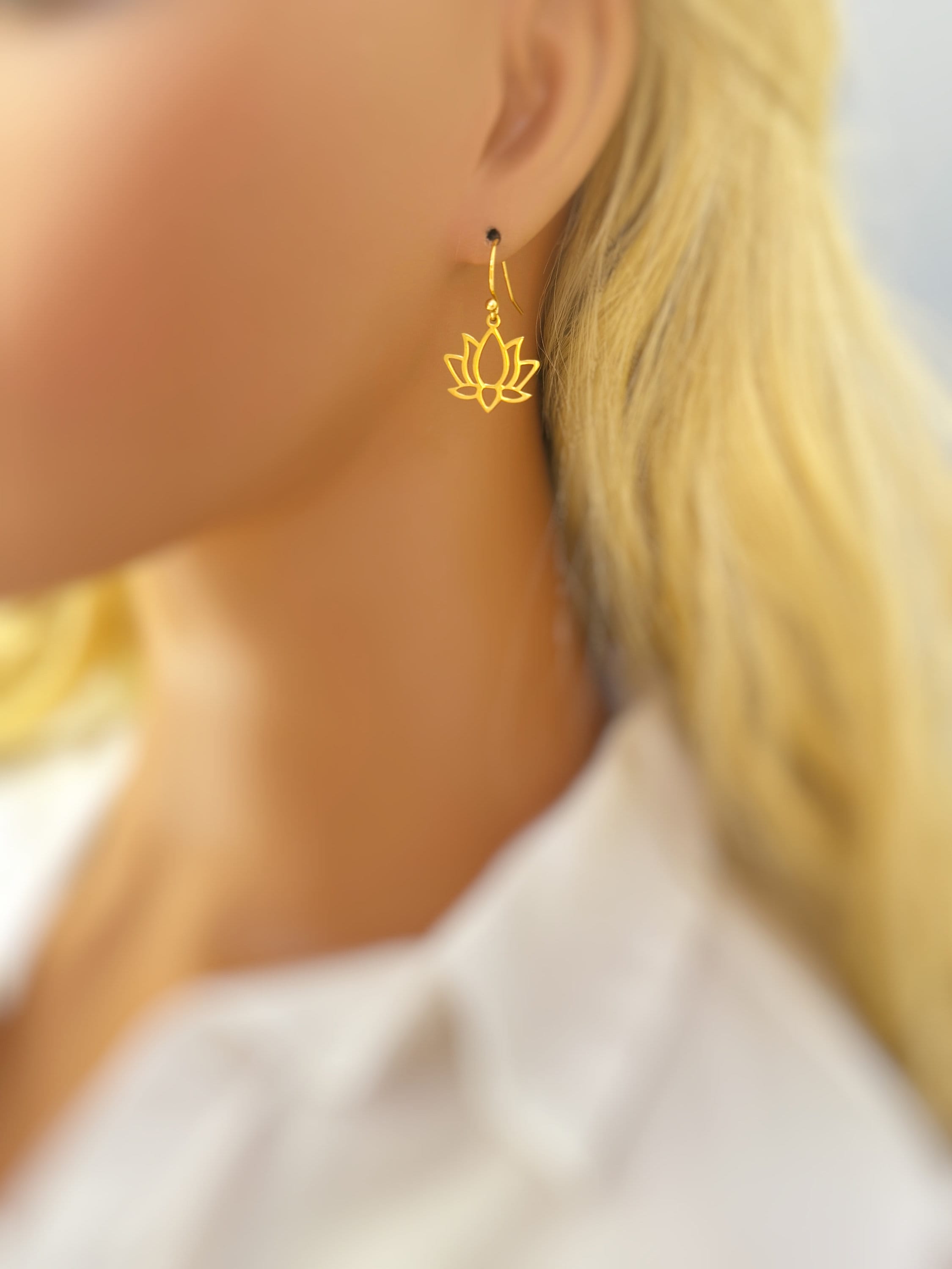 Gold Lotus Flower Earrings dangle drop boho lily handmade floral jewelry for summer July Birth Month flower nature jewelry gift