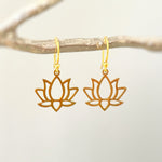 Gold Lotus Flower Earrings dangle drop boho lily handmade floral jewelry for summer July Birth Month flower nature jewelry gift