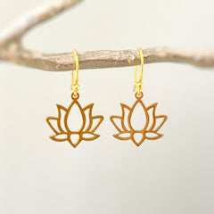 Gold Lotus Flower Earrings dangle drop boho lily handmade floral jewelry for summer July Birth Month flower nature jewelry gift