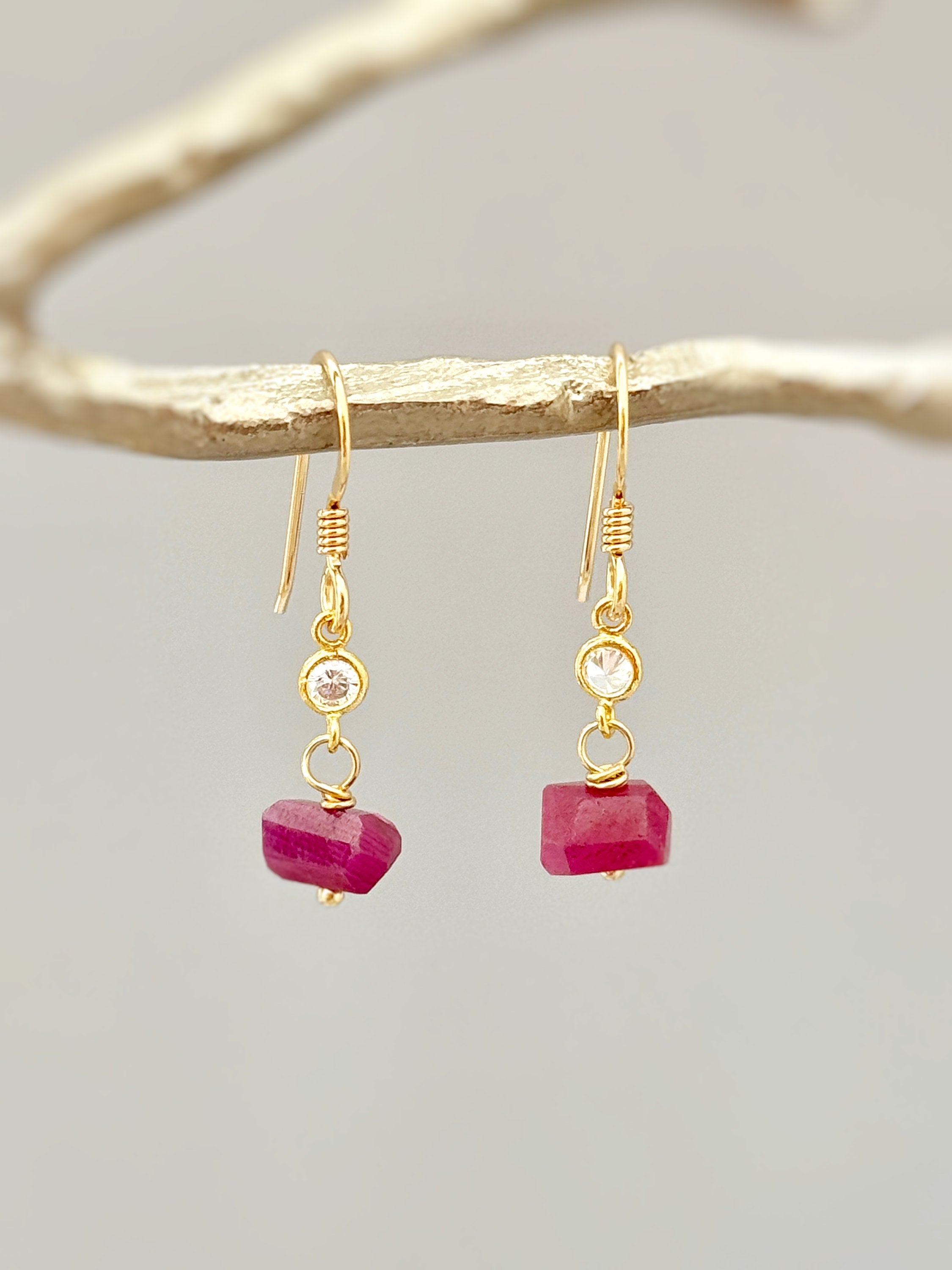 Raw Ruby Earrings Dangly Gold Fill, Sterling Silver dainty gemstone crystal earrings July Birthstone Handmade jewelry gift for woman