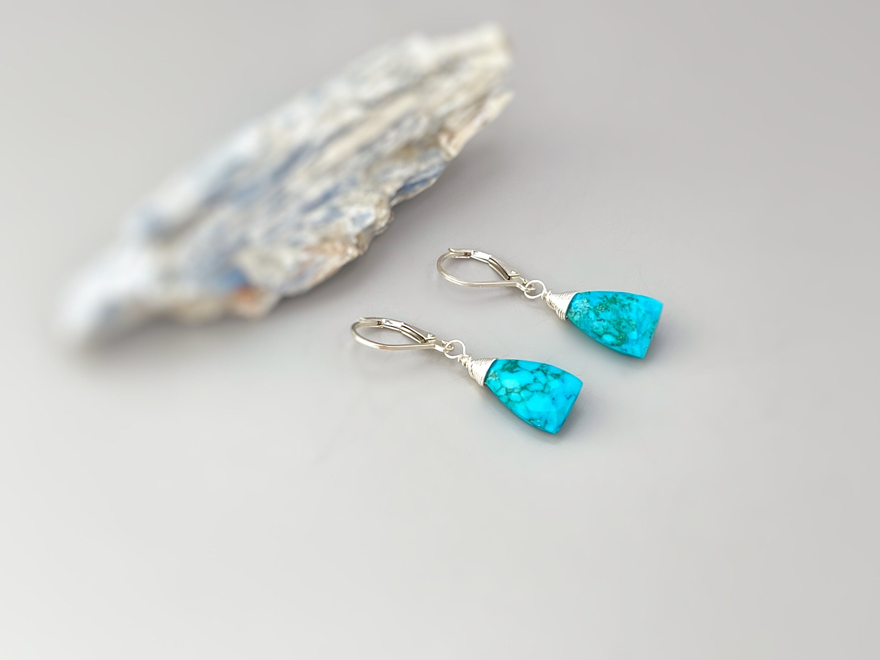 Turquoise Earrings dangle Silver, 14k Gold leverback dangly handmade blue gemstone birthstone jewelry gift for wife mom