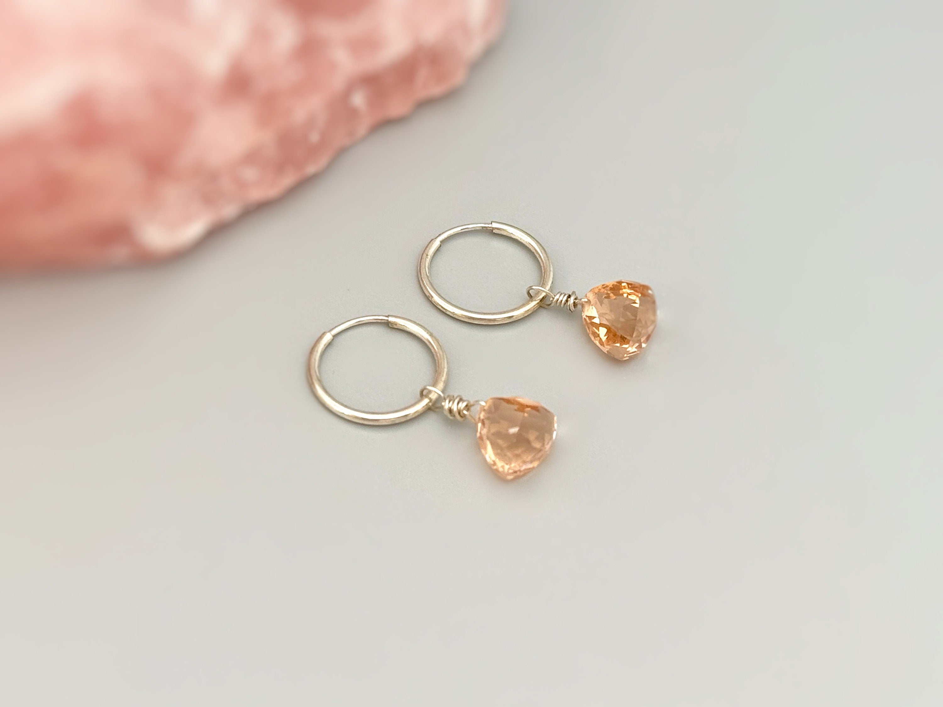 Morganite Earrings Dangle Huggie Hoops Sterling Silver, Rose Gold, 14k Gold Fill Handmade dainty raw gemstone crystal jewelry for mom