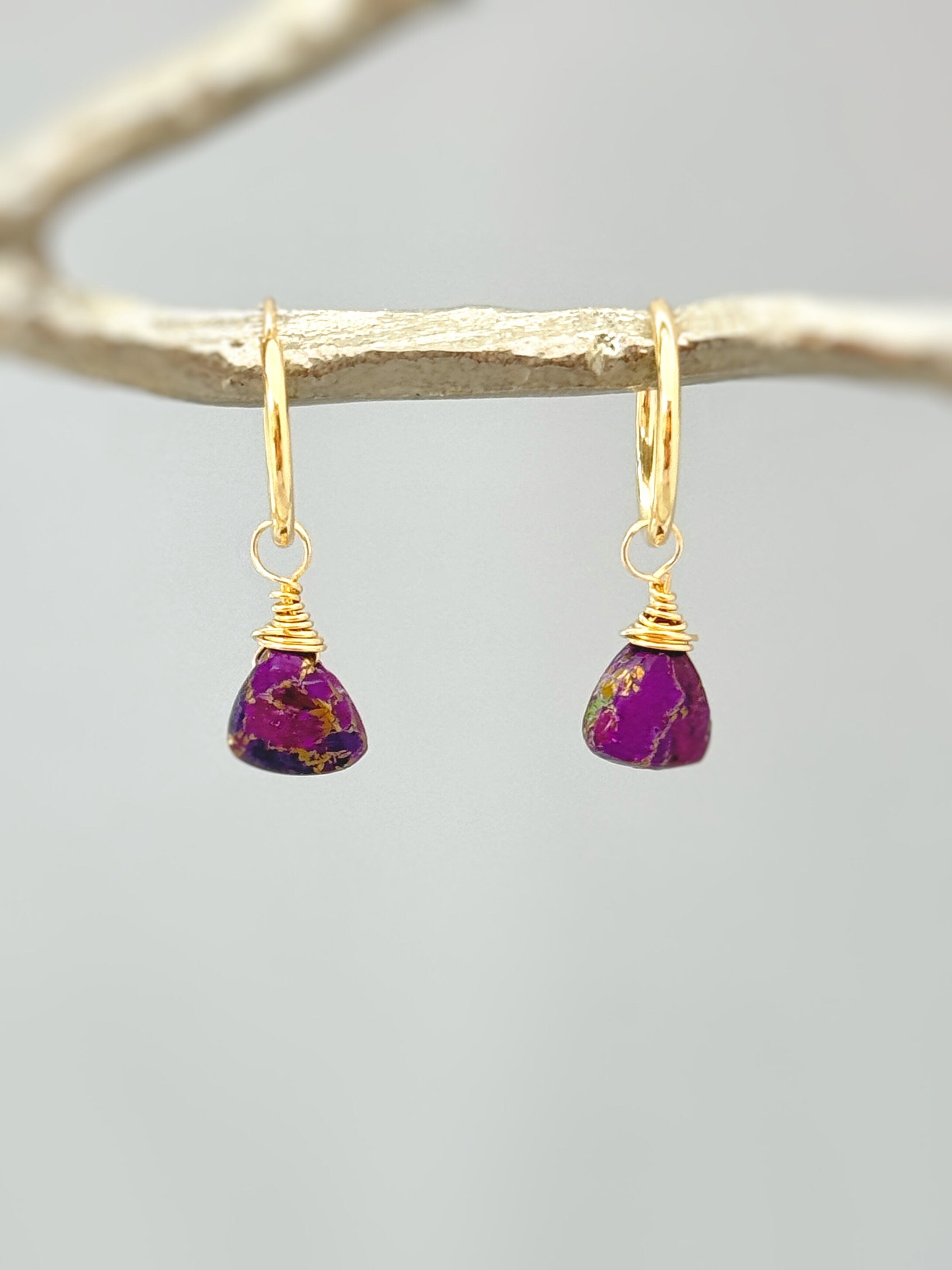 Purple Copper Turquoise Earrings Dangle Huggie Hoops 14k Gold Fill Sterling Silver, Rose Gold Handmade dainty gemstone jewelry gift for wife