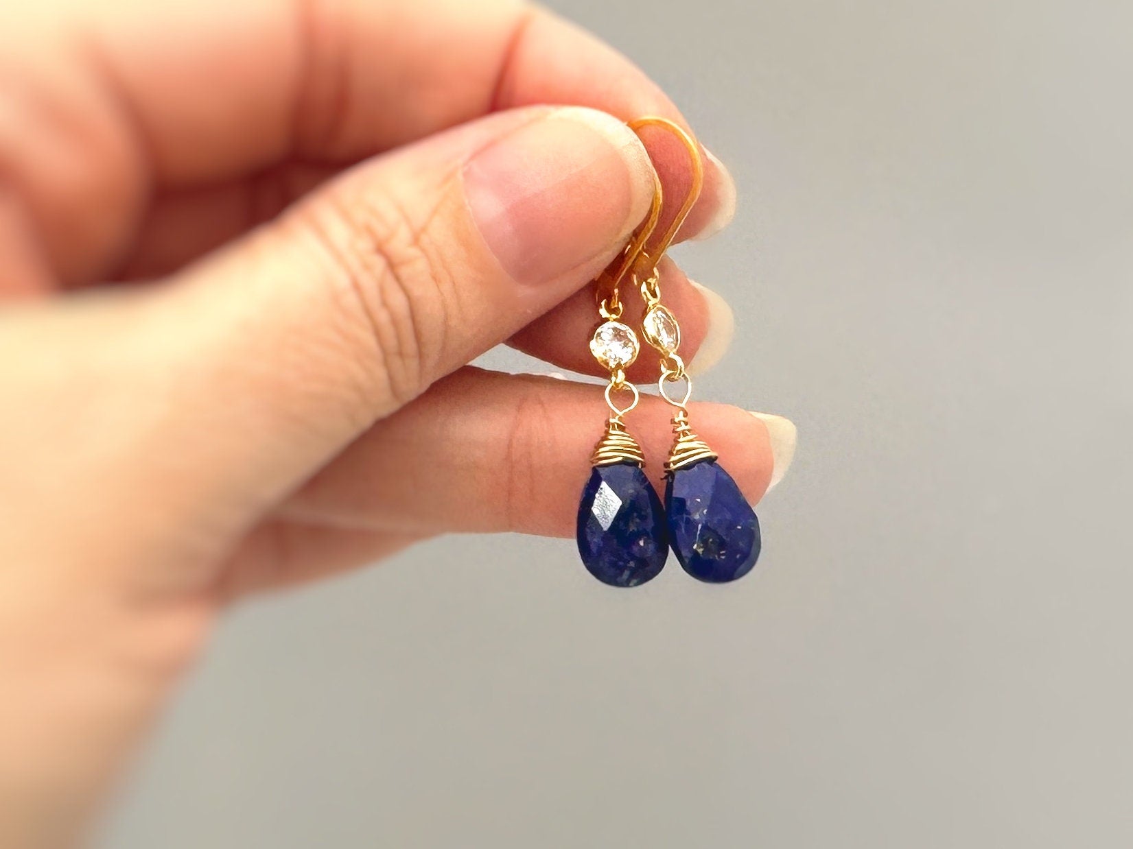 Lapis drop earrings dangle, sparkling crystal 14k Gold Fill Handmade jewelry for women dark blue gemstone Lapis Lazuli Leverback Dangly drop