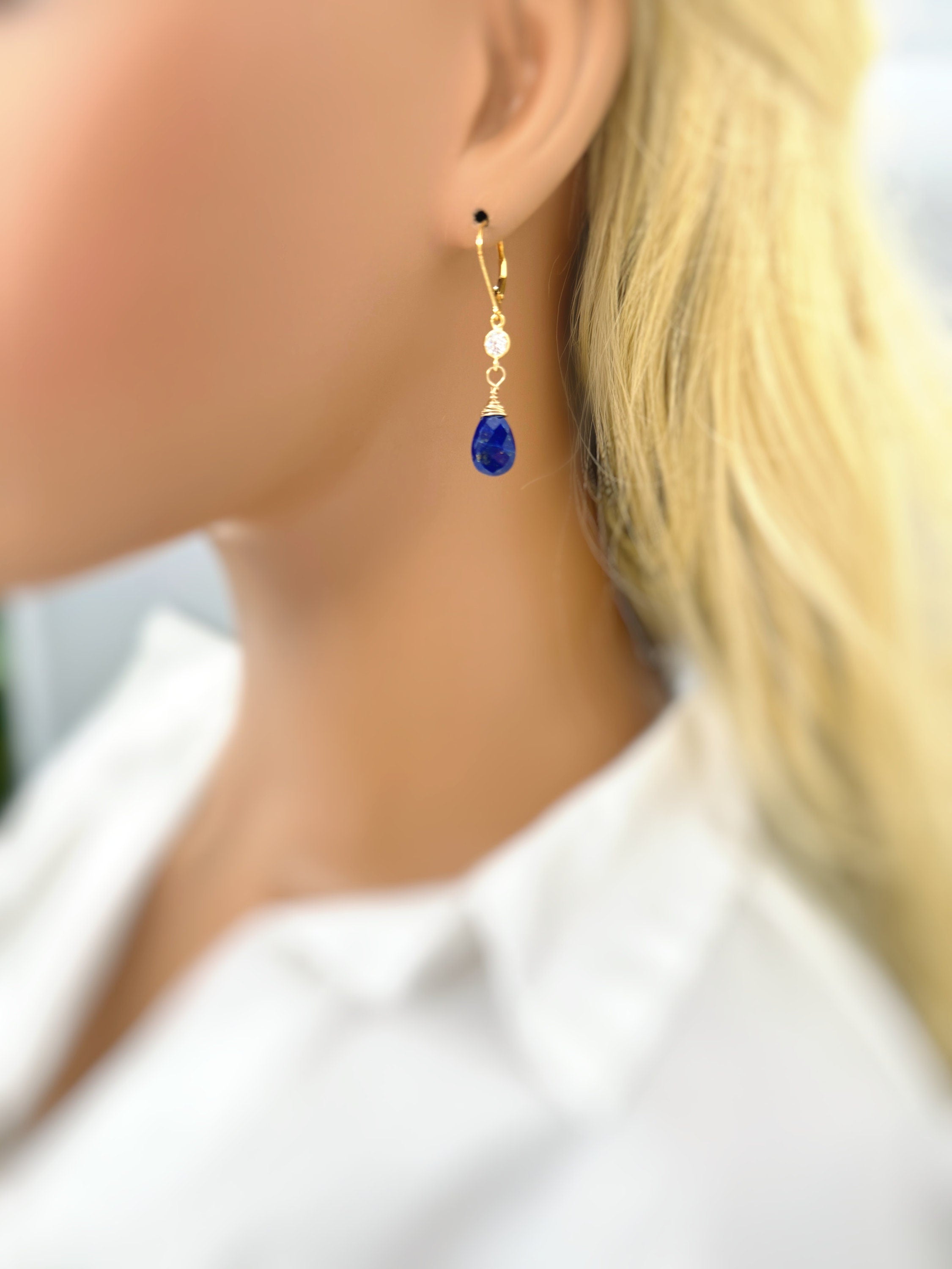 Lapis drop earrings dangle, sparkling crystal 14k Gold Fill Handmade jewelry for women dark blue gemstone Lapis Lazuli Leverback Dangly drop