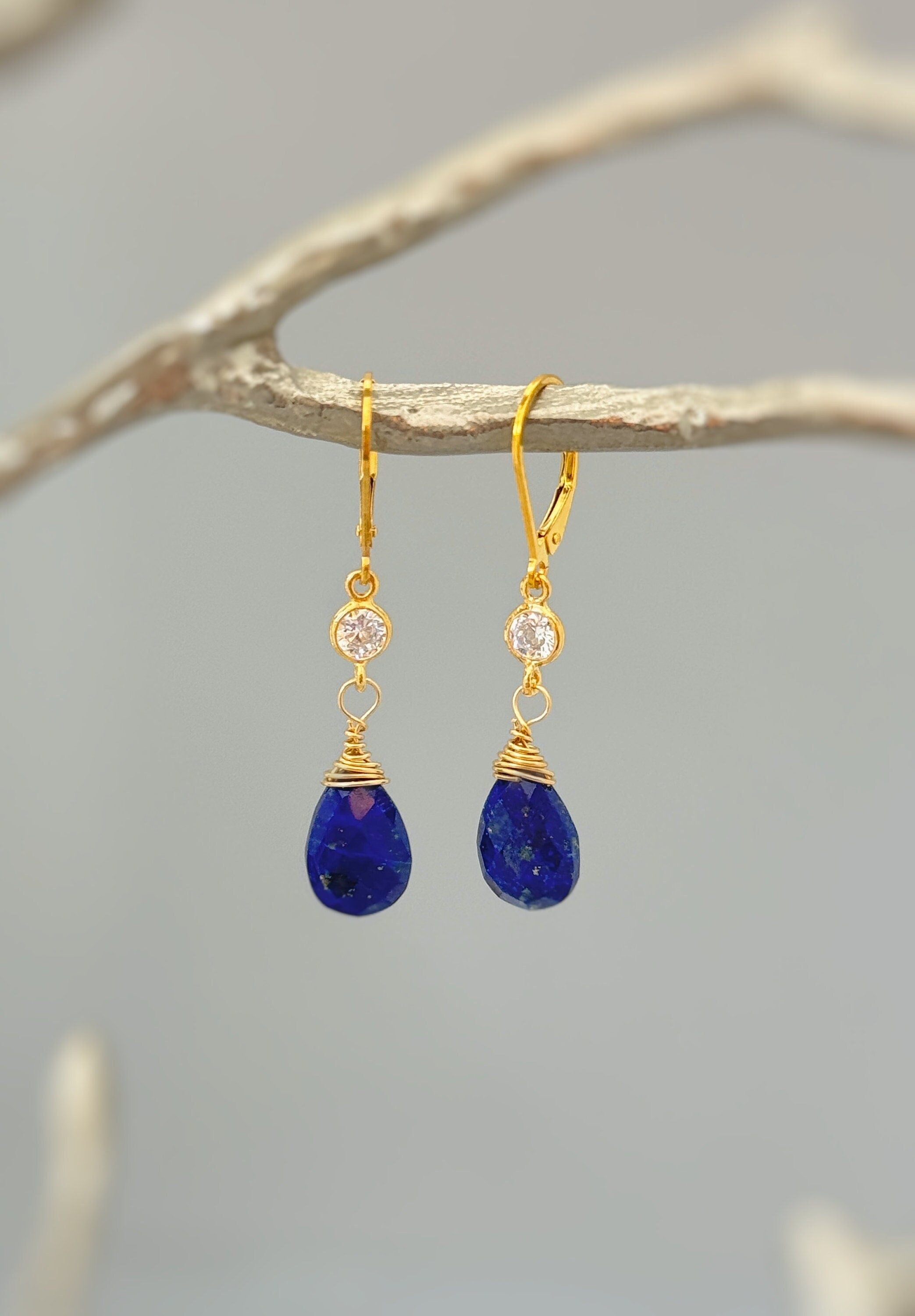 Lapis drop earrings dangle, sparkling crystal 14k Gold Fill Handmade jewelry for women dark blue gemstone Lapis Lazuli Leverback Dangly drop