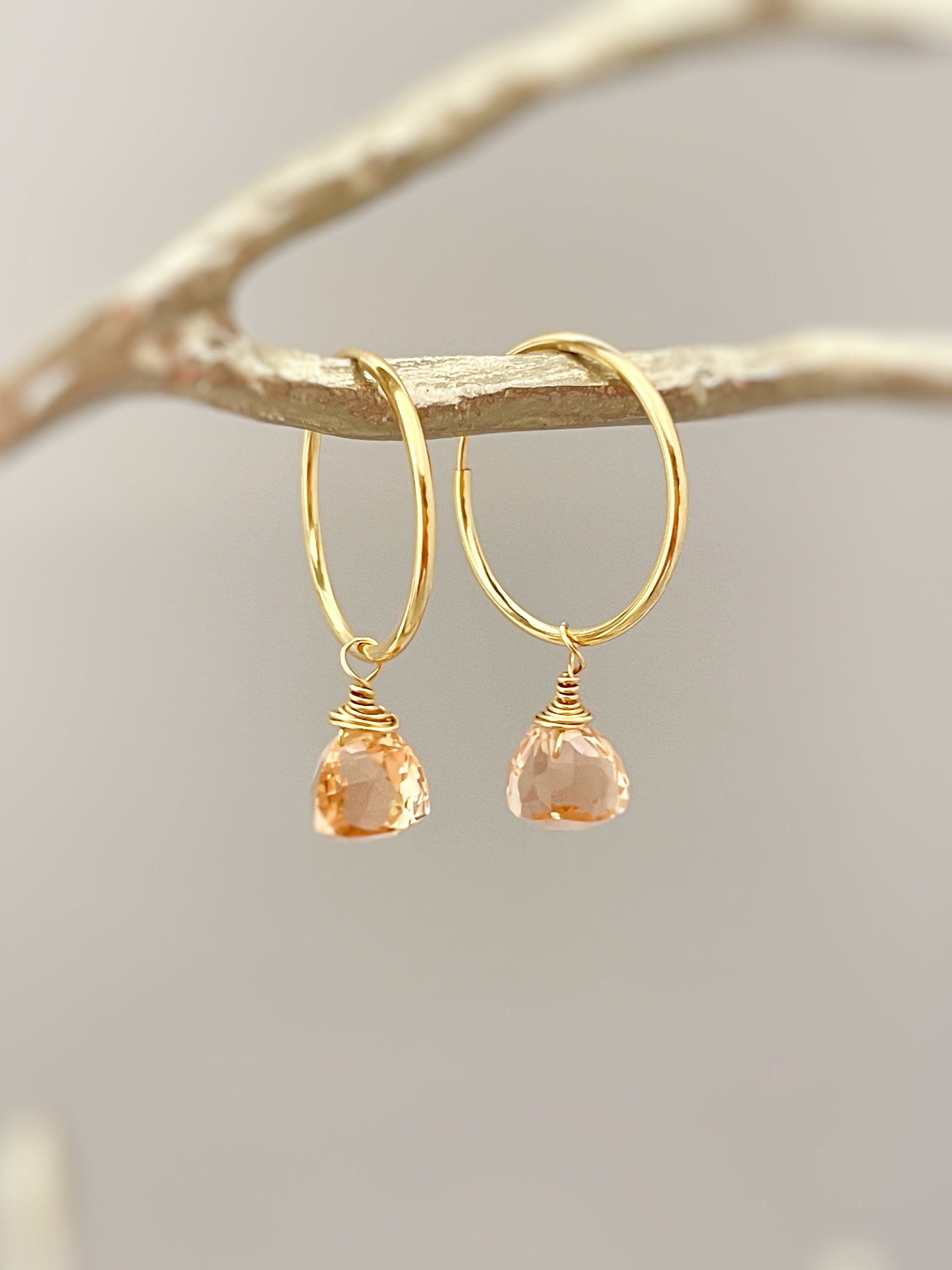 Morganite Hoop Earrings Dangle 14k Gold, Sterling Silver, Rose Gold, Handmade dainty peach pink gemstone crystal jewelry gift for mom, wife