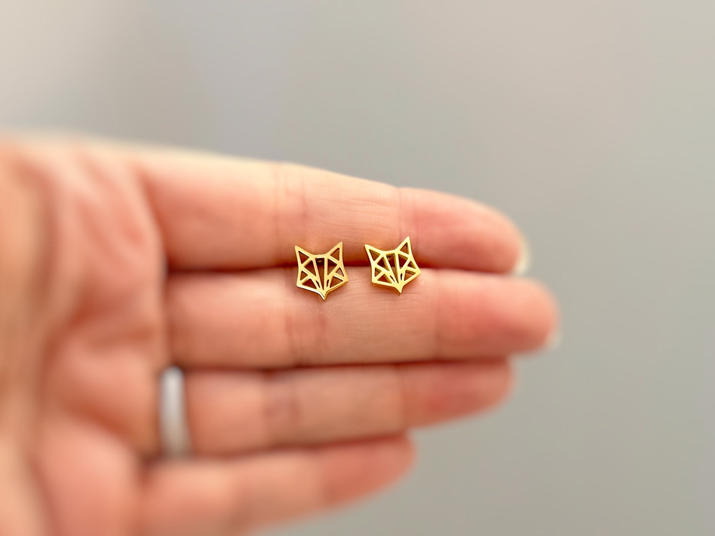 Dainty Origami Fox Earrings tiny small studs in gold, silver, rose gold cartilage second hole sleeper waterproof jewelry animal lover gift