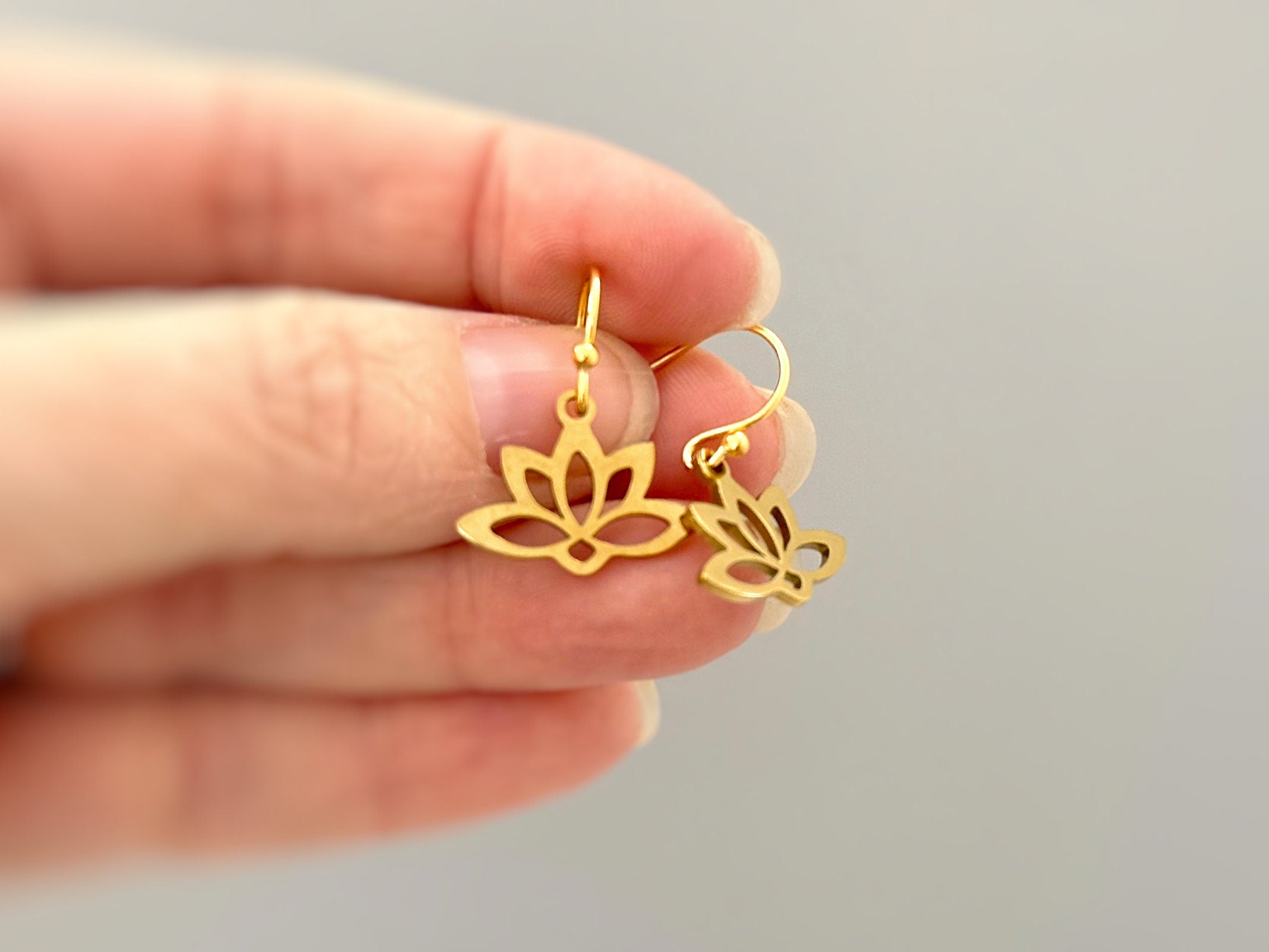 Gold Water Lily Flower Earrings dangle drop boh lotus handmade floral jewelry for summer July Birth Month flower nature jewelry gift