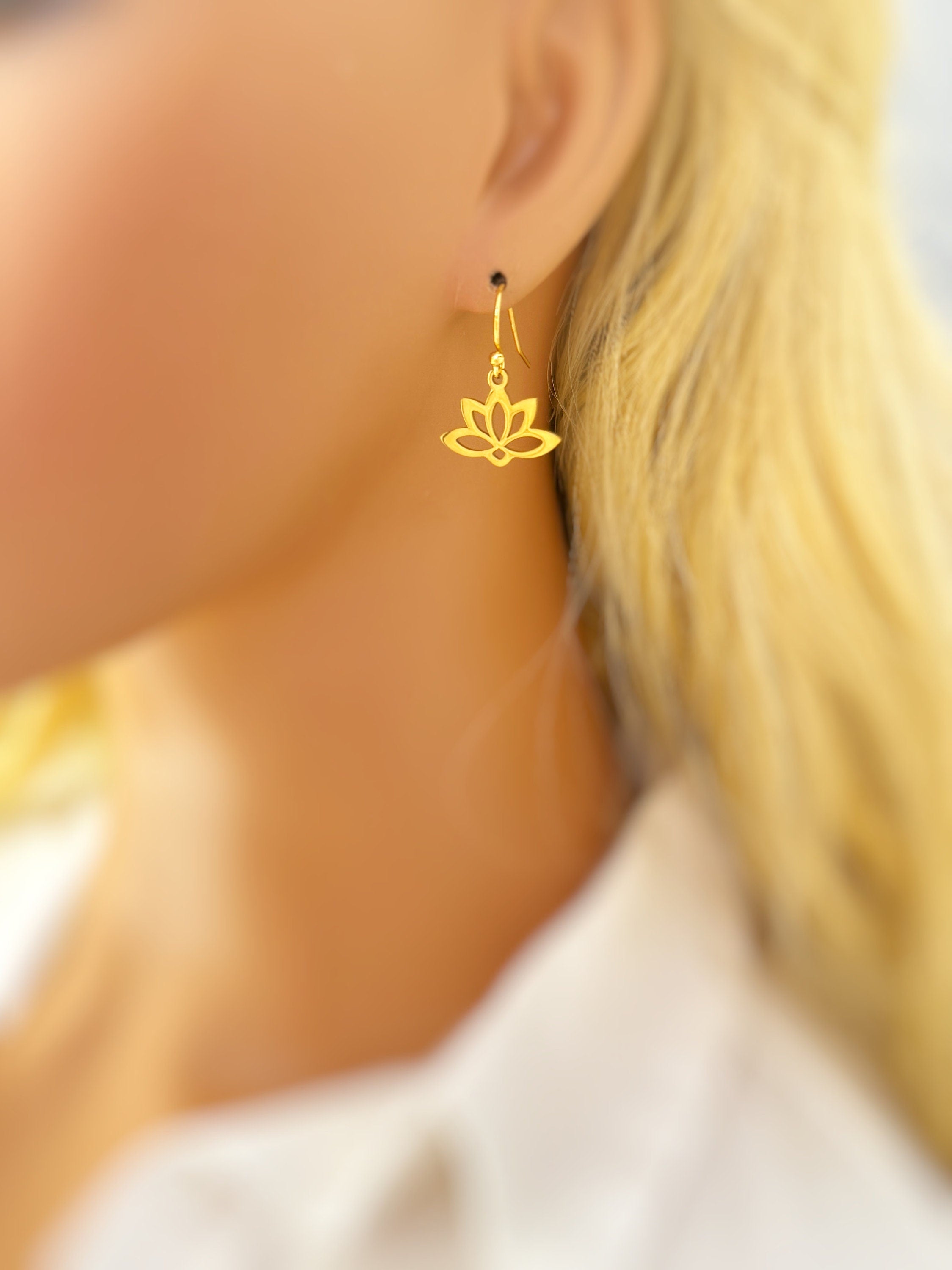 Gold Water Lily Flower Earrings dangle drop boh lotus handmade floral jewelry for summer July Birth Month flower nature jewelry gift