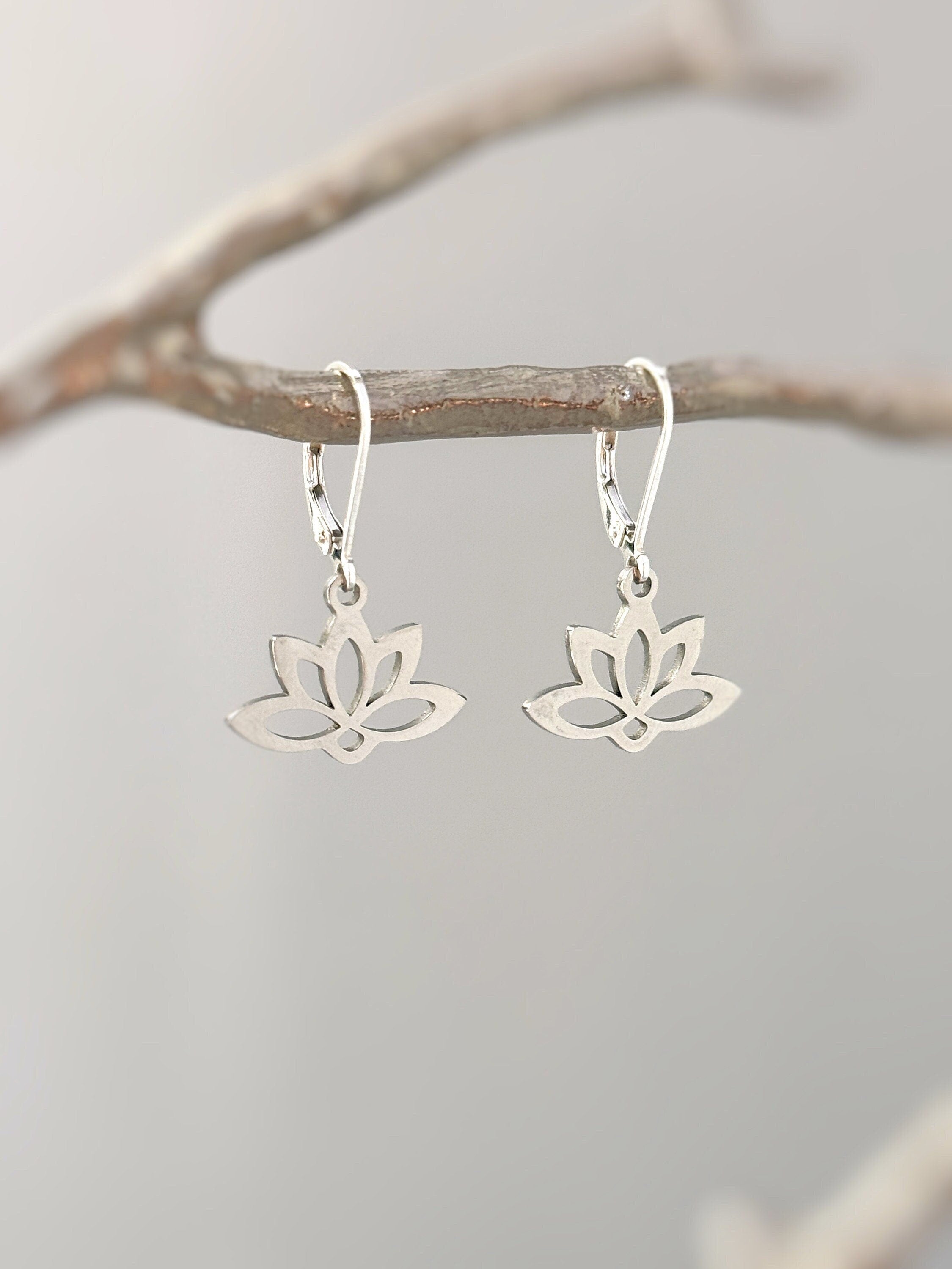 Gold Water Lily Flower Earrings dangle drop boh lotus handmade floral jewelry for summer July Birth Month flower nature jewelry gift