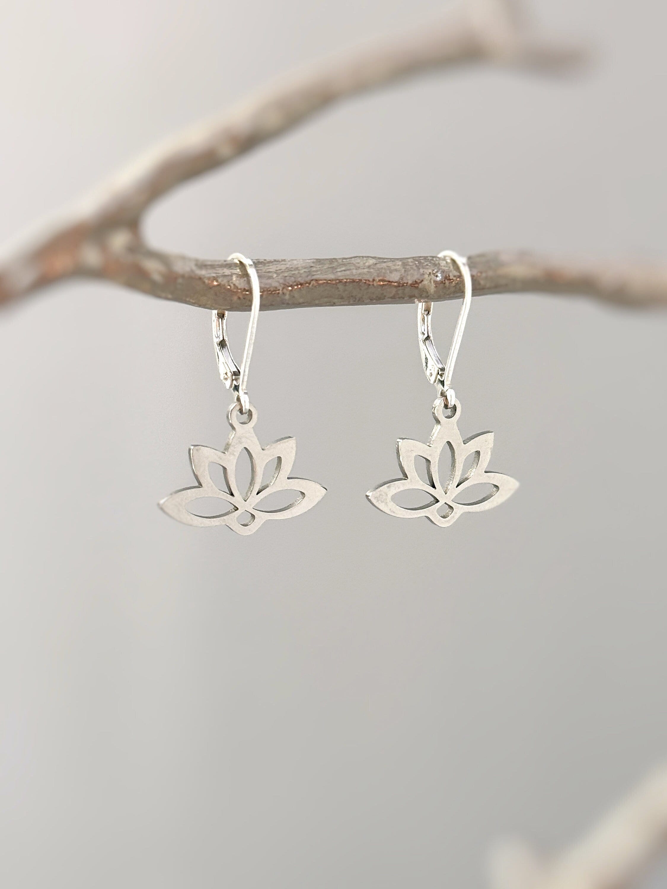 Gold Lotus Earrings Huggie Hoop dangle handmade water lily July birth flower jewelry for summer July birthflower Zen yoga gift for gardener