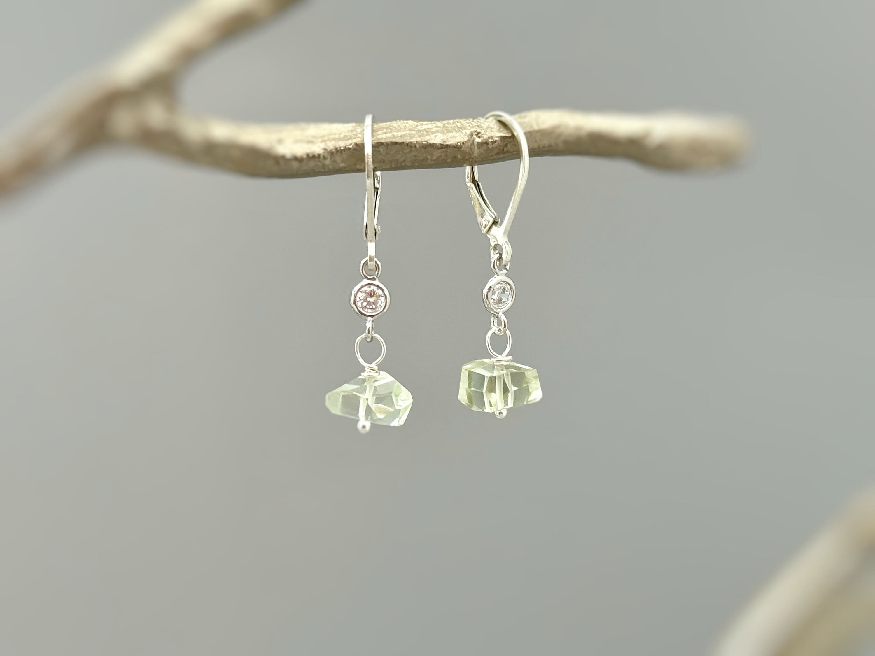 Dangly Green Amethyst Earrings dainty raw gemstone crystal earrings Rose Gold, Sterling Silver, 14k Gold Handmade jewelry gift 14k Gold Fill