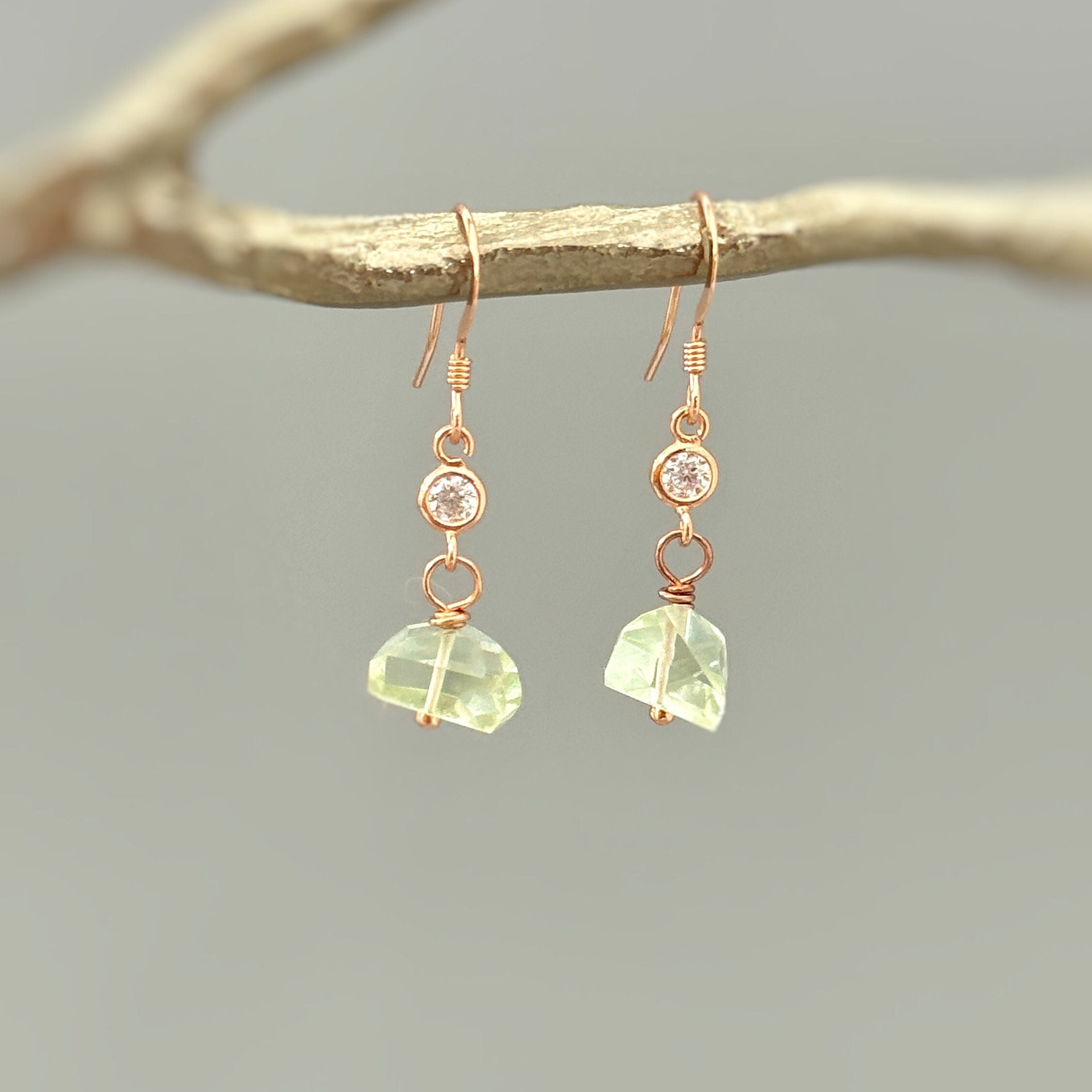 Dangly Green Amethyst Earrings Sterling Silver dainty raw gemstone crystal earrings Rose Gold, 14k Gold Handmade jewelry gift 14k Gold Fill