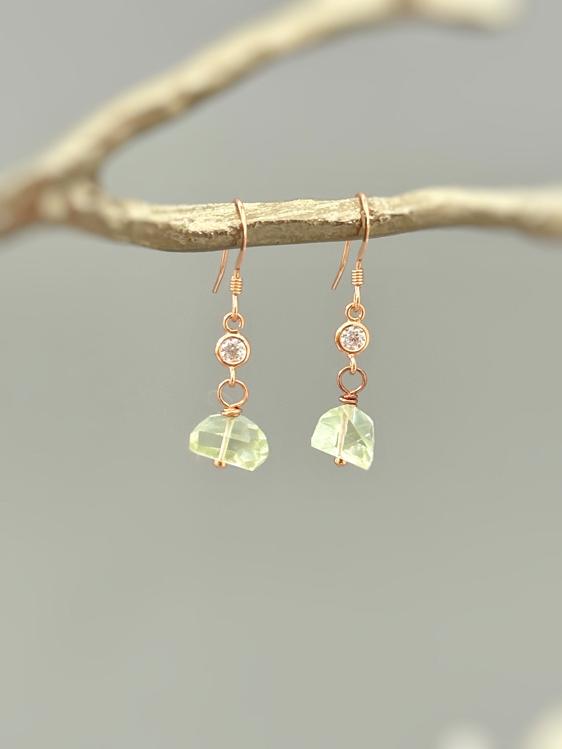 Dangly Green Amethyst Earrings Sterling Silver dainty raw gemstone crystal earrings Rose Gold, 14k Gold Handmade jewelry gift 14k Gold Fill