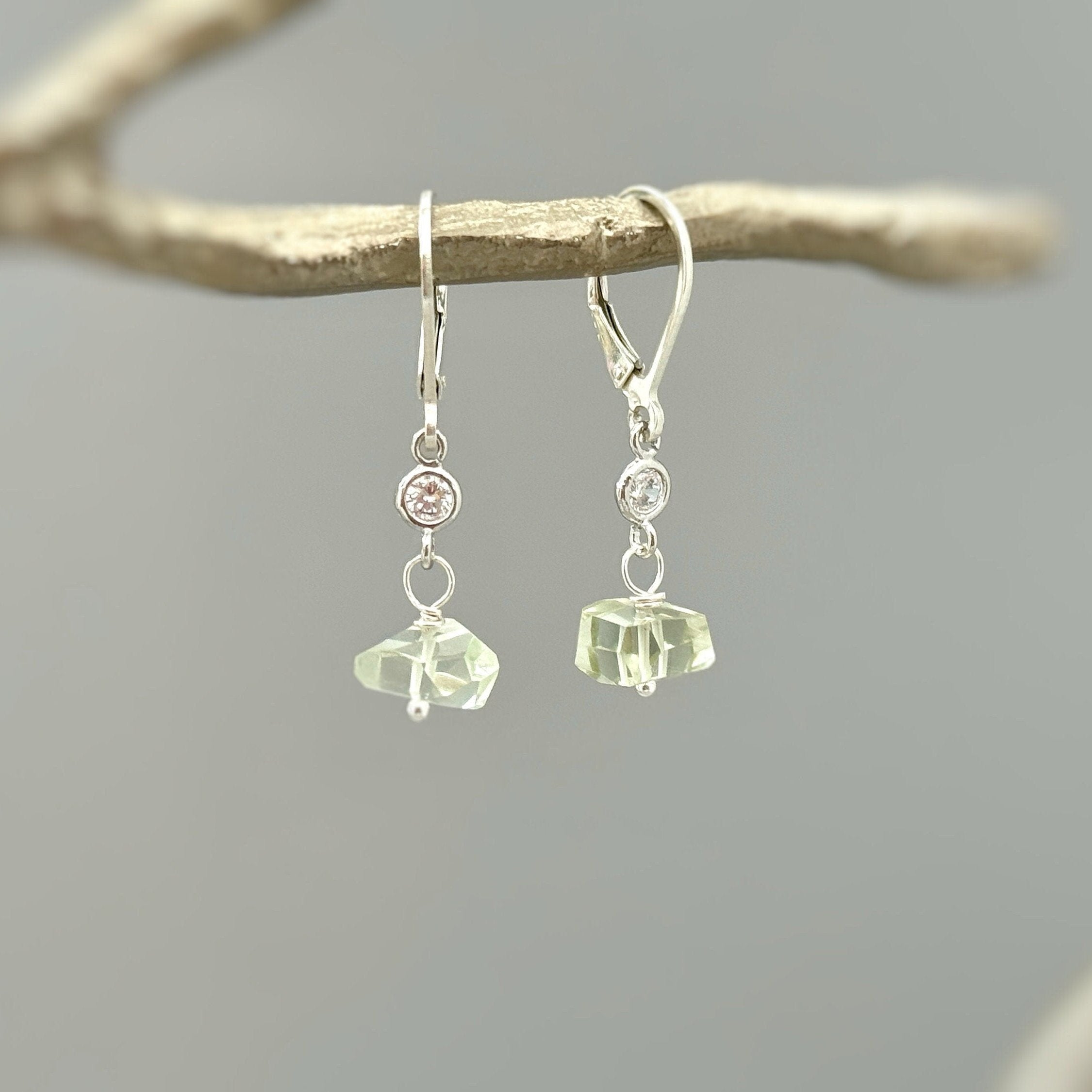 Dangly Green Amethyst Earrings Sterling Silver dainty raw gemstone crystal earrings Rose Gold, 14k Gold Handmade jewelry gift 14k Gold Fill