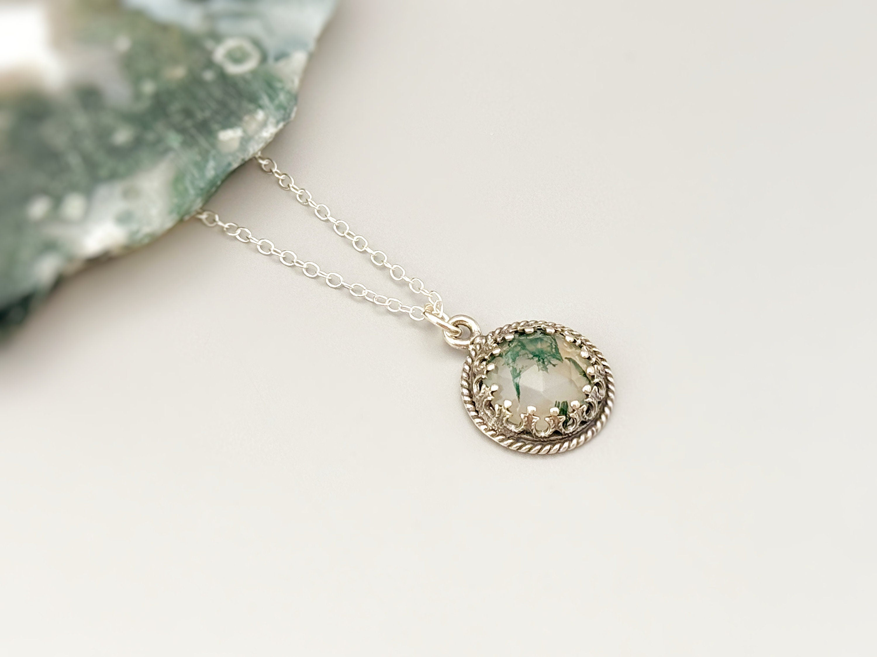 Moss Agate Necklace Sterling Silver handmade gemstone pendant green gemstone jewelry layering necklace for women gift for wife, mom, sister