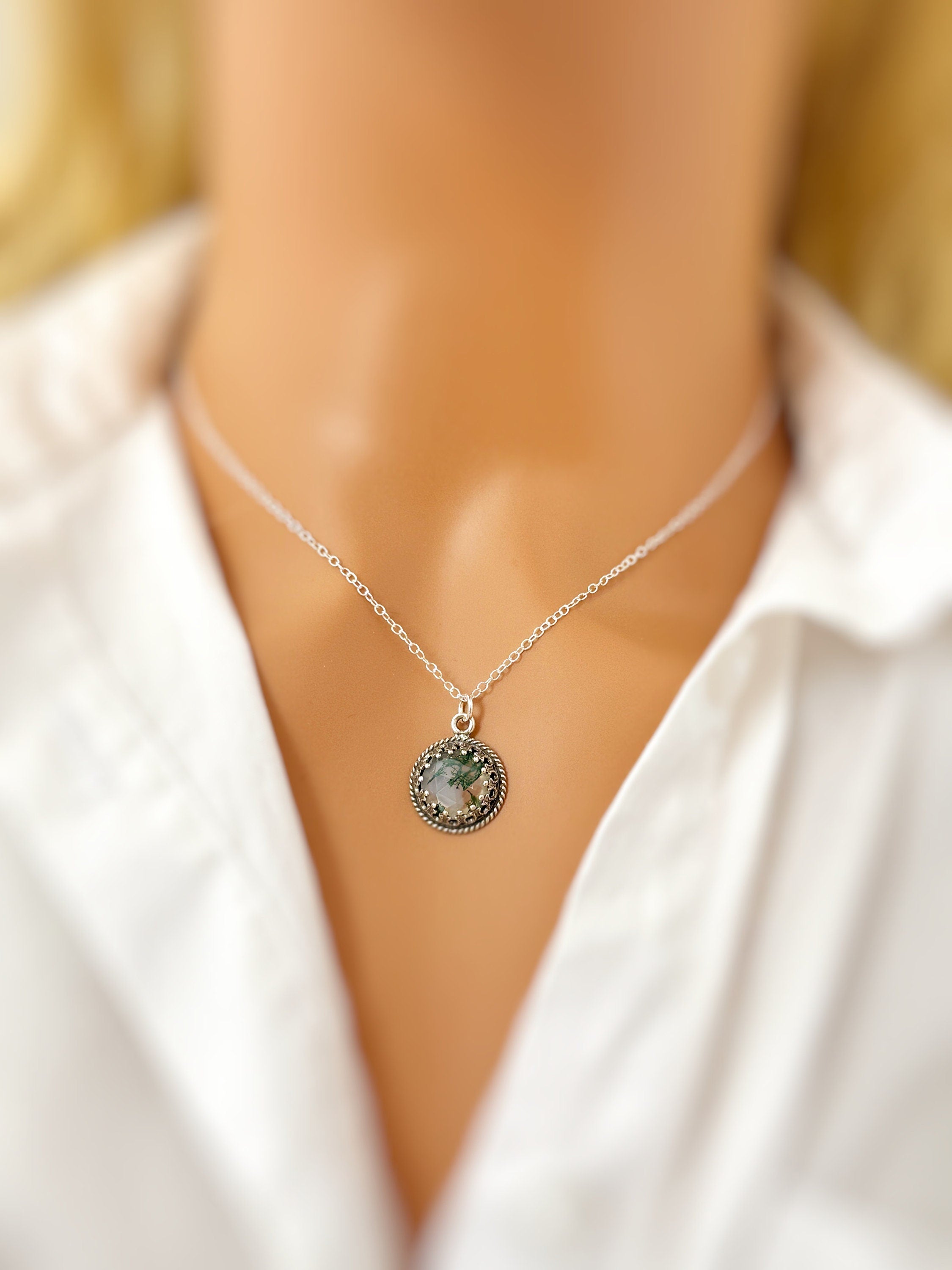 Moss Agate Necklace Sterling Silver handmade gemstone pendant green gemstone jewelry layering necklace for women gift for wife, mom, sister