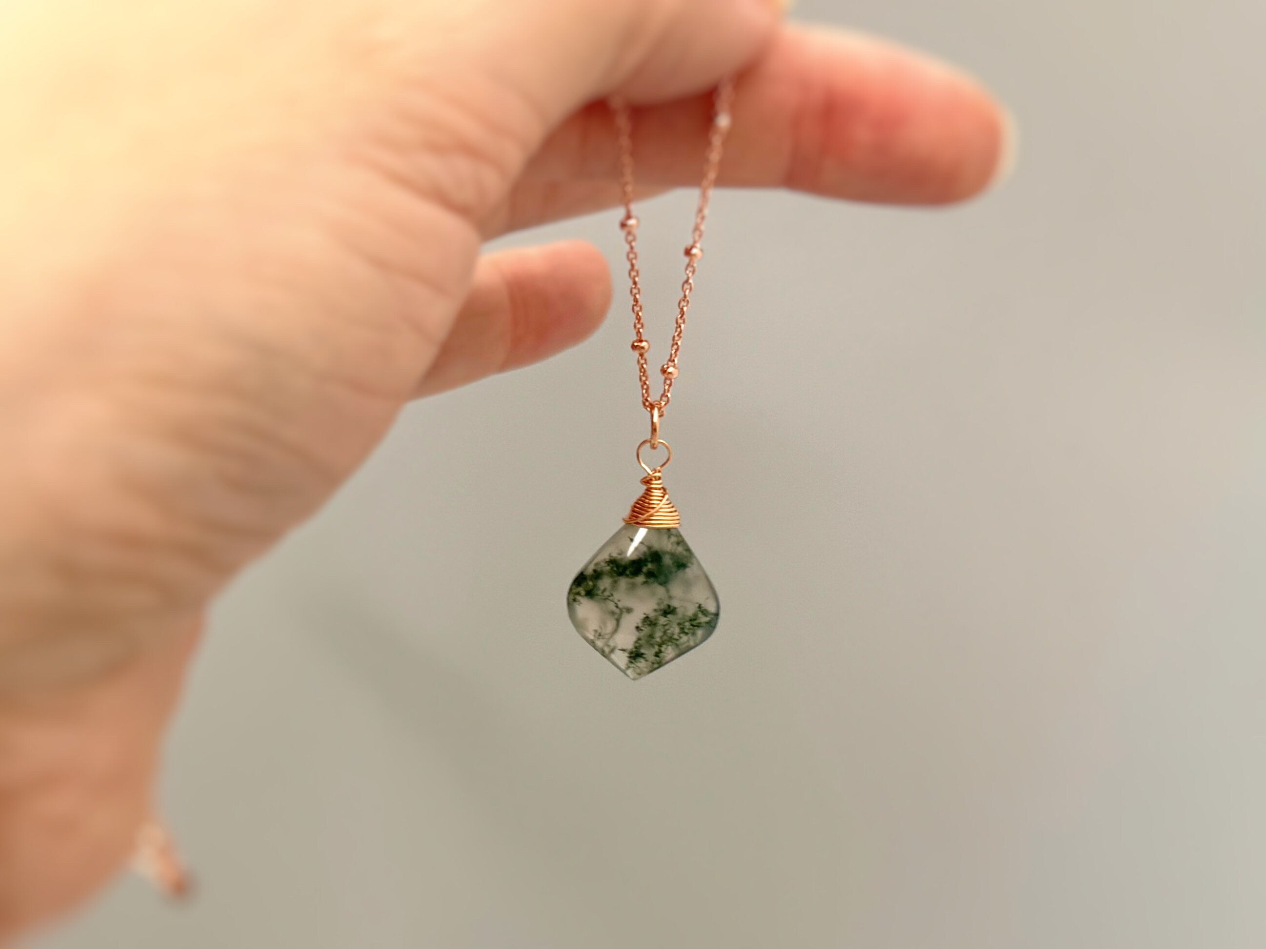 Moss Agate Necklace Rose Gold, 14k Gold Fill, sterling silve green gemstone pendant handmade jewelry layering necklace gift for woman, wife