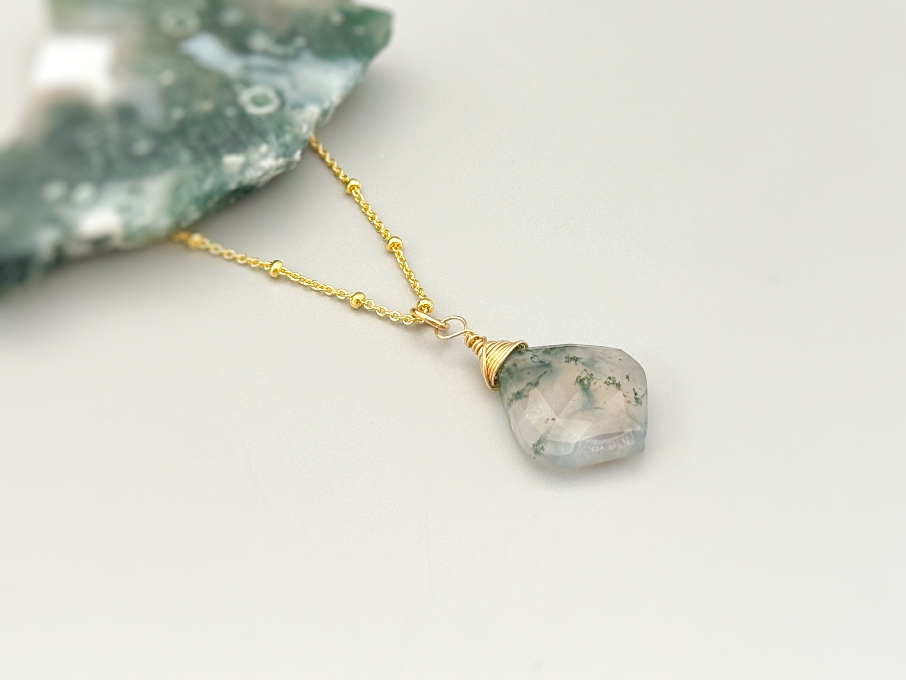 Moss Agate Necklace Rose Gold, 14k Gold Fill, sterling silve green gemstone pendant handmade jewelry layering necklace gift for woman, wife