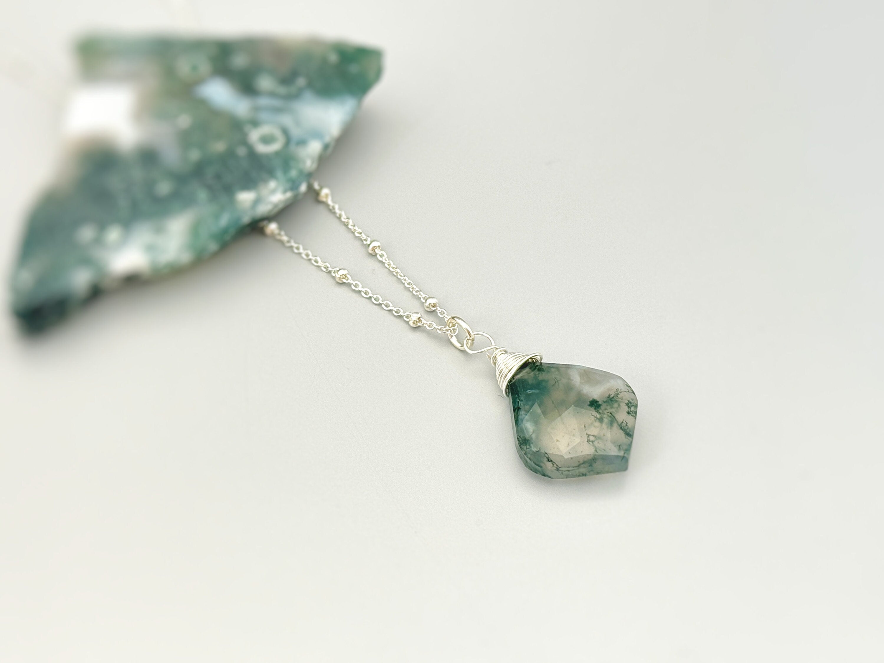 Moss Agate Necklace Rose Gold, 14k Gold Fill, sterling silve green gemstone pendant handmade jewelry layering necklace gift for woman, wife