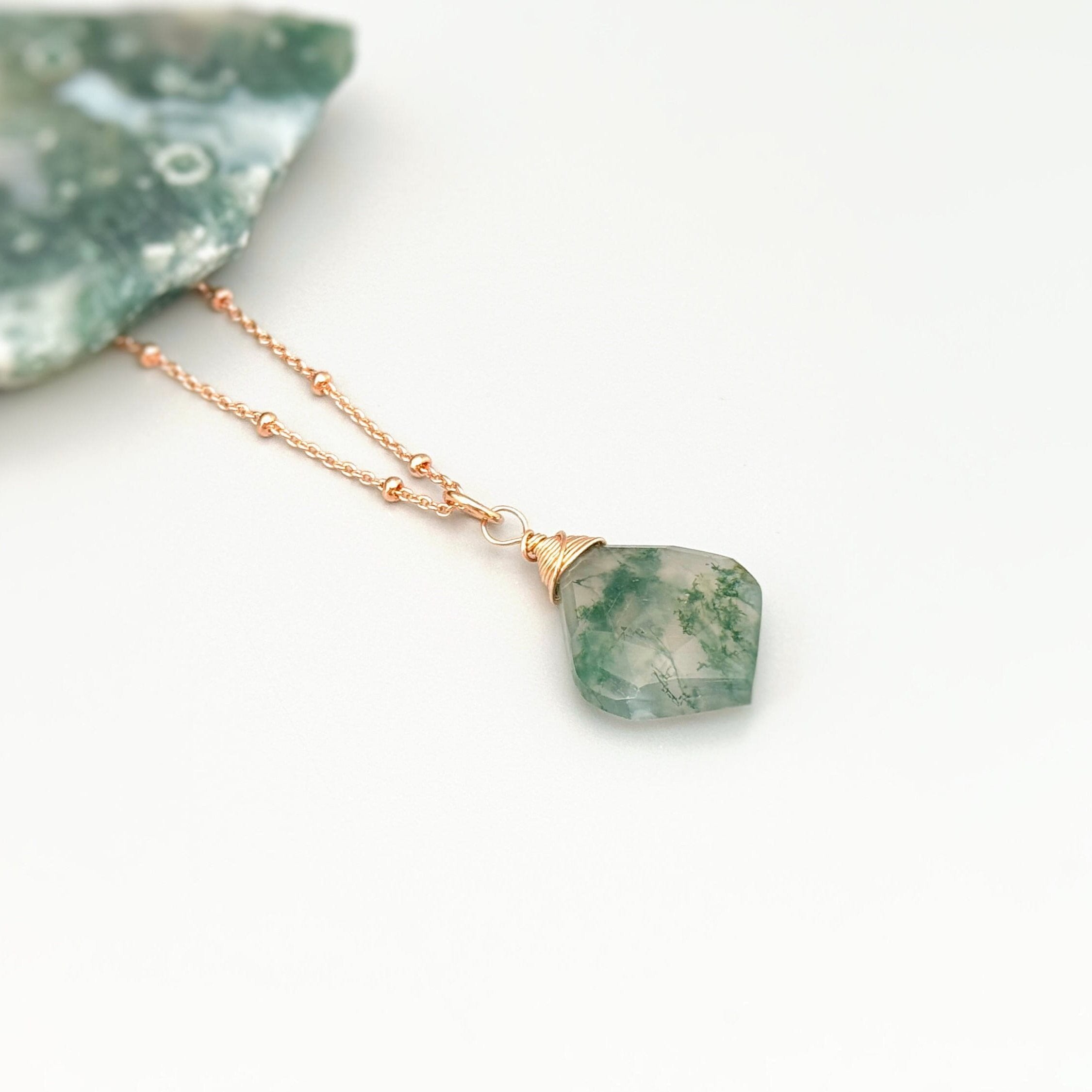 Moss Agate Necklace Rose Gold, 14k Gold Fill, sterling silve green gemstone pendant handmade jewelry layering necklace gift for woman, wife