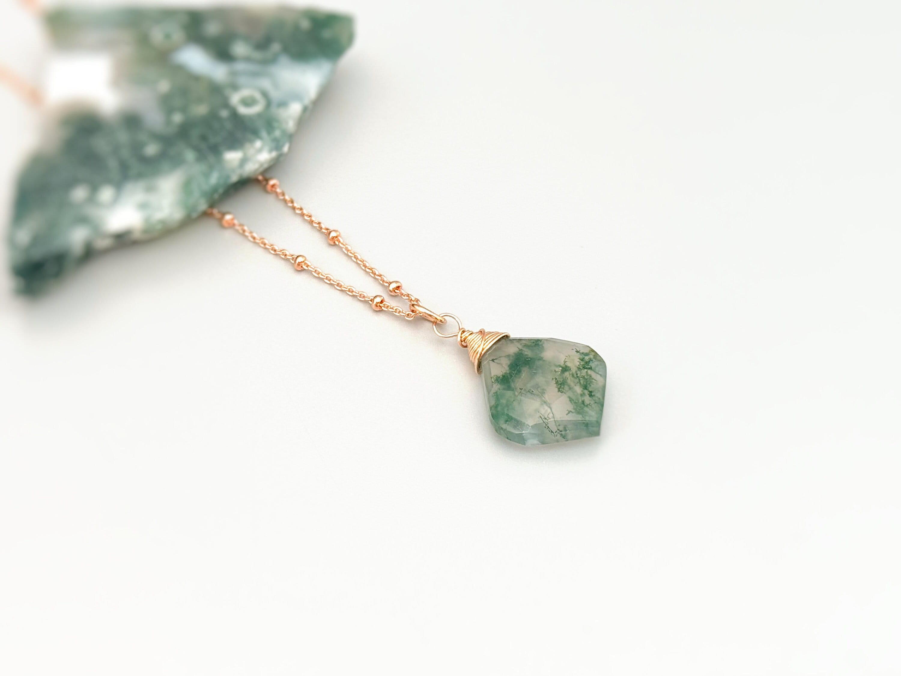Moss Agate Necklace Rose Gold, 14k Gold Fill, sterling silver