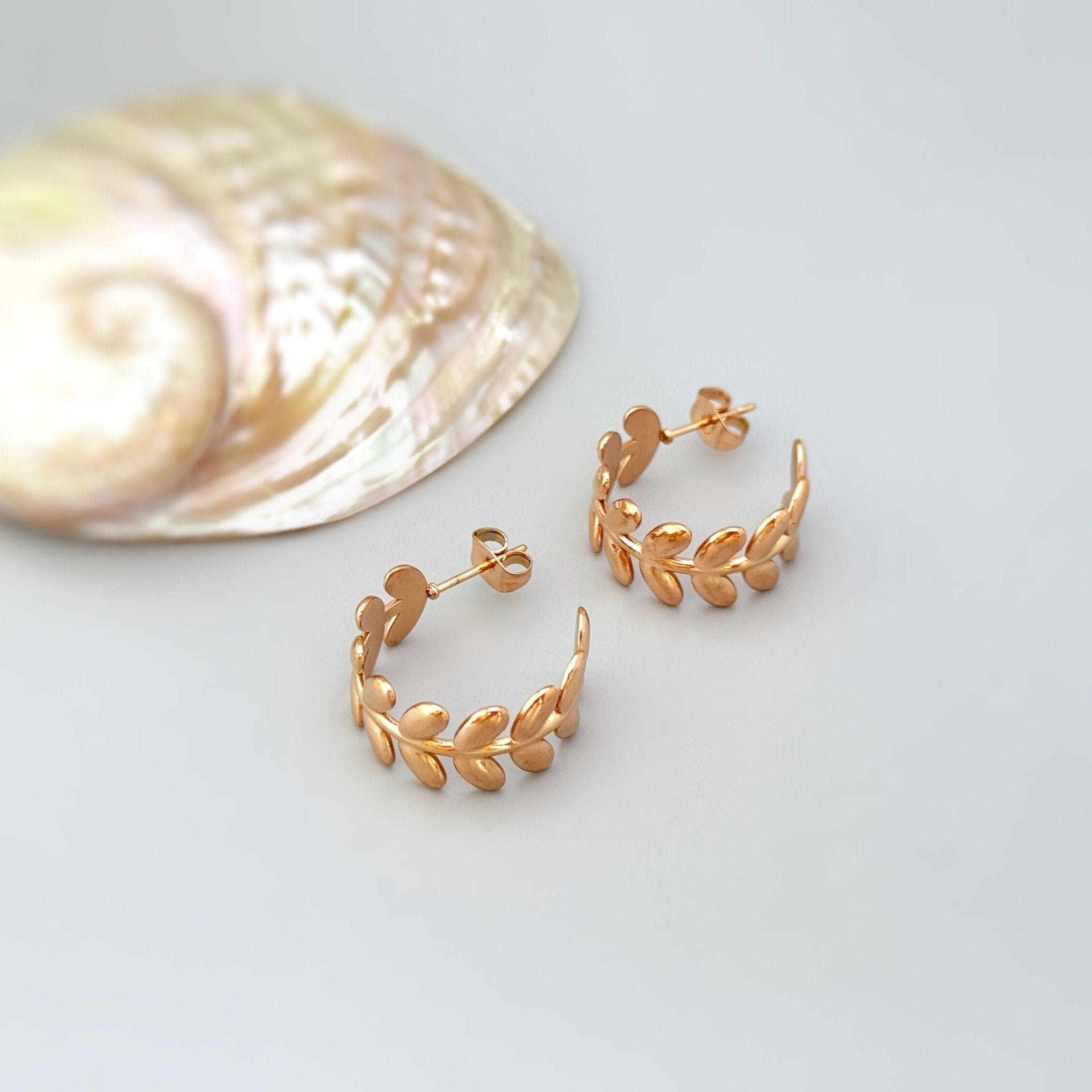 Olive Leaf Hoop Earrings in Rose Gold with Stud Back