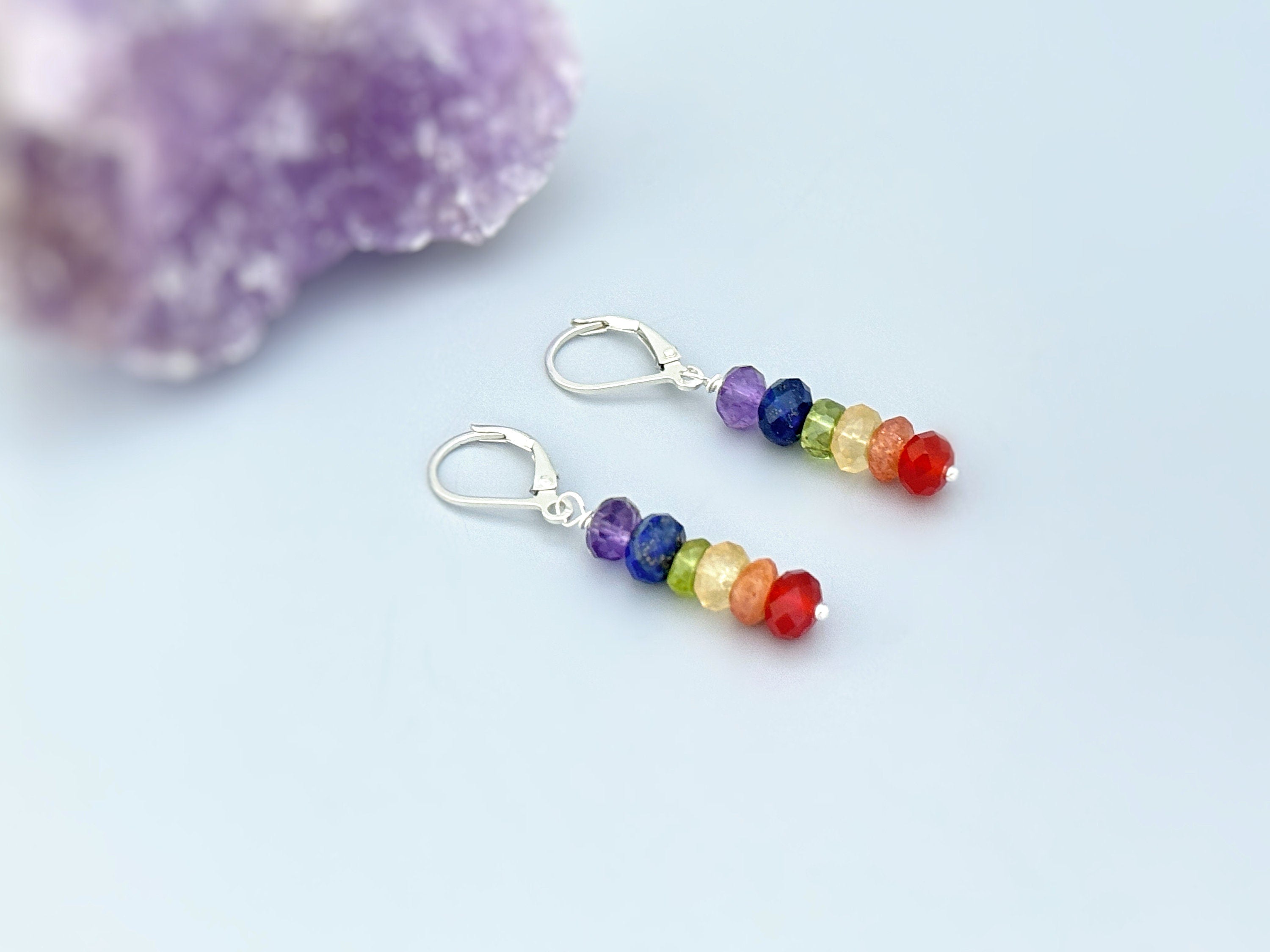 Rainbow gemstone earrings unique long dangle colorful crystal whimsical quirky handmade pride jewelry lgbtq gift for her, girlfriend, wife