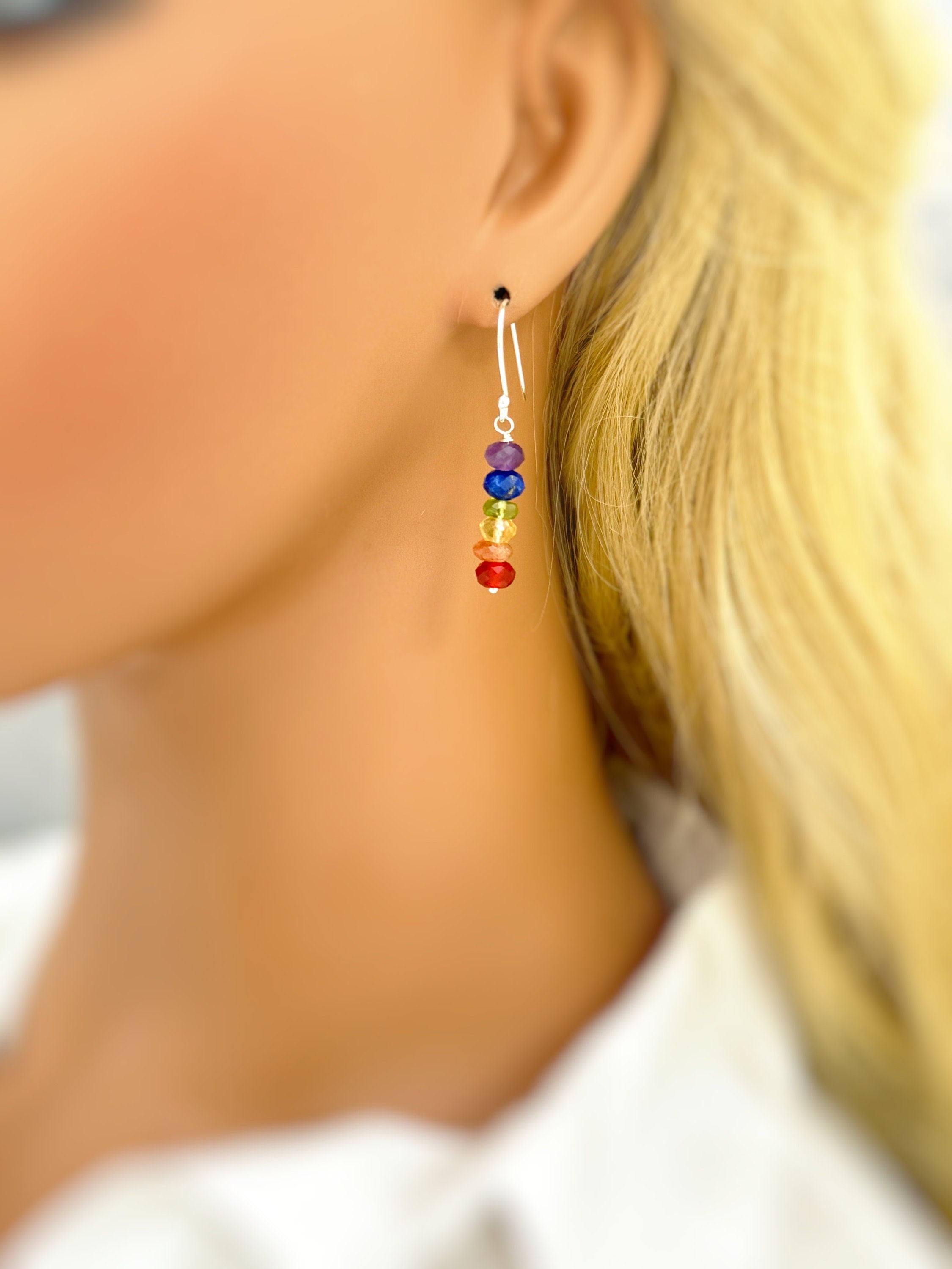 Rainbow gemstone earrings unique long dangle colorful crystal whimsical quirky handmade pride jewelry lgbtq gift for her, girlfriend, wife