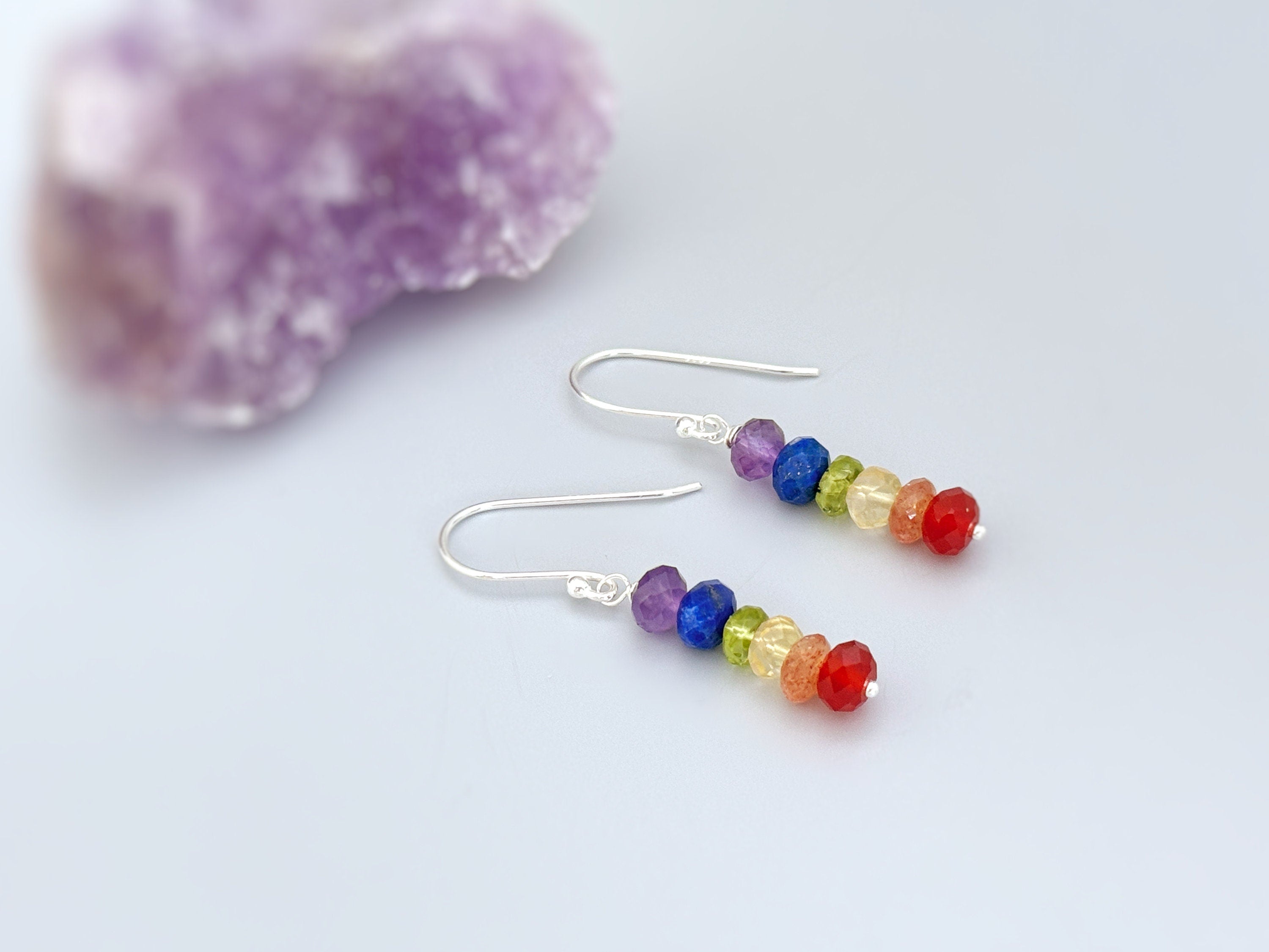 Rainbow gemstone earrings unique long dangle colorful crystal whimsical quirky handmade pride jewelry lgbtq gift for her, girlfriend, wife