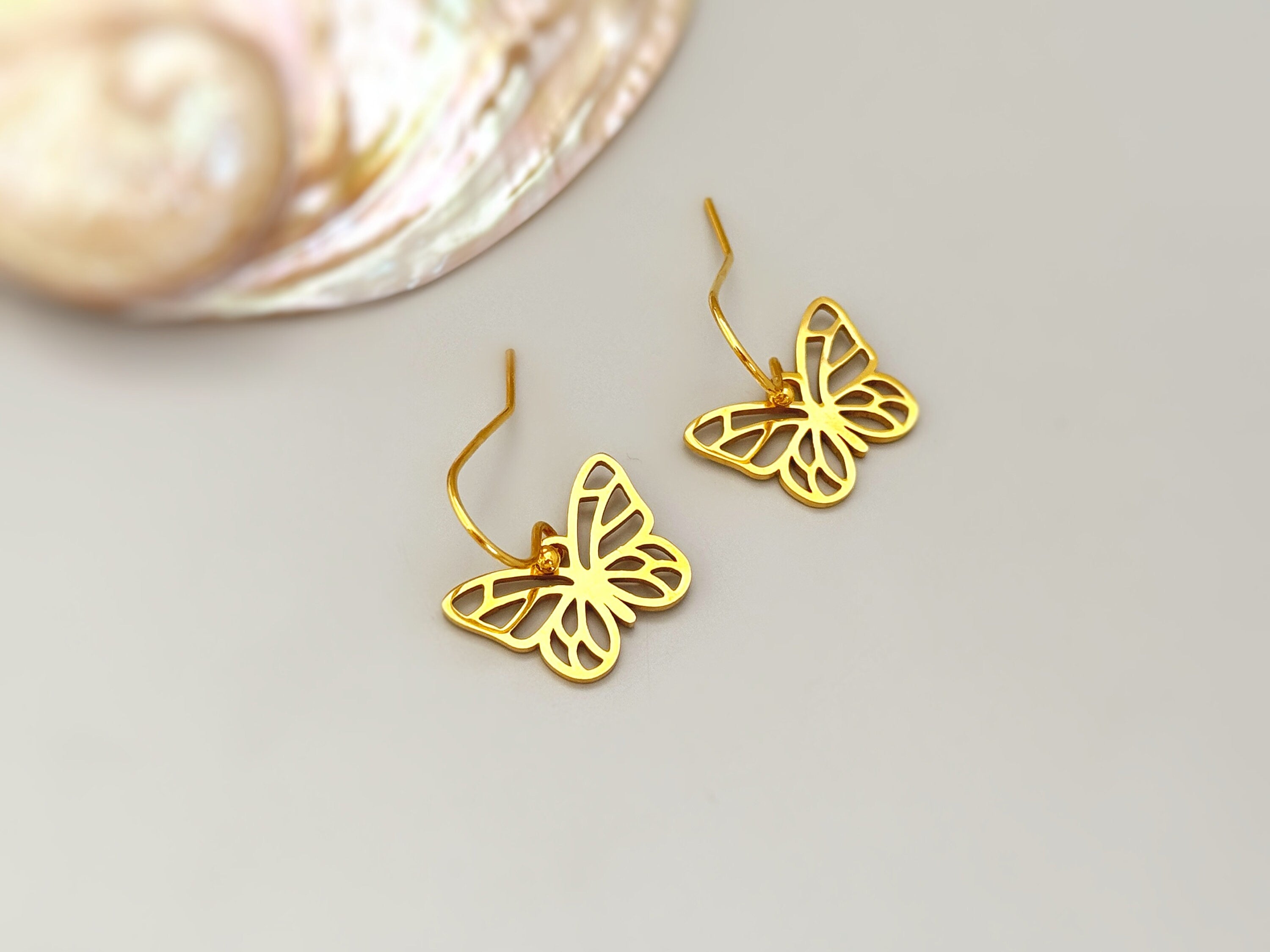 Gold Butterfly Earrings Dangle Handmade Sterling Silver Jewelry gifts for mom, daughter, granddaughter, gardener, sister, bug nature lover