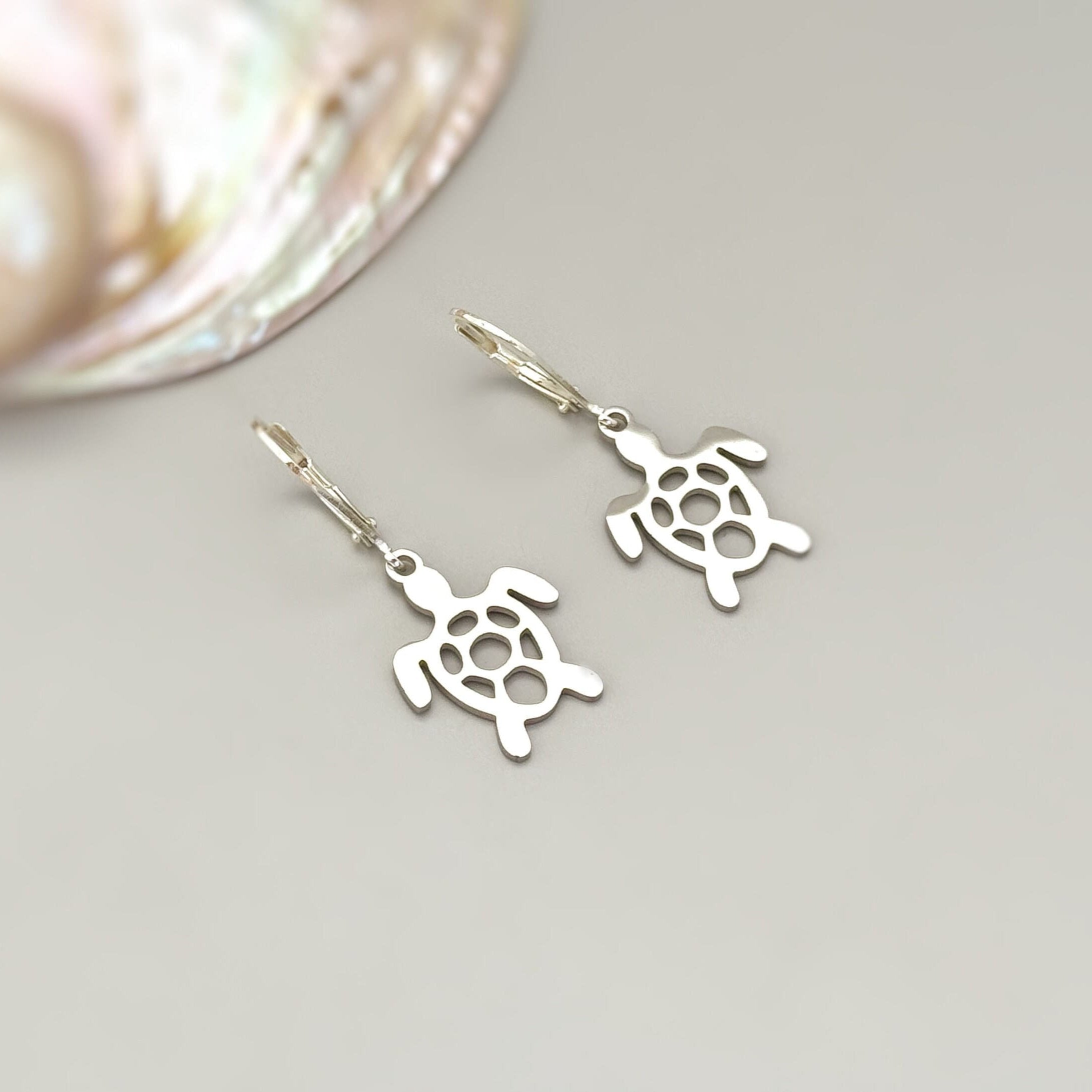 Silver Sea Turtle earrings dangle sterling silver, gold animal over gift